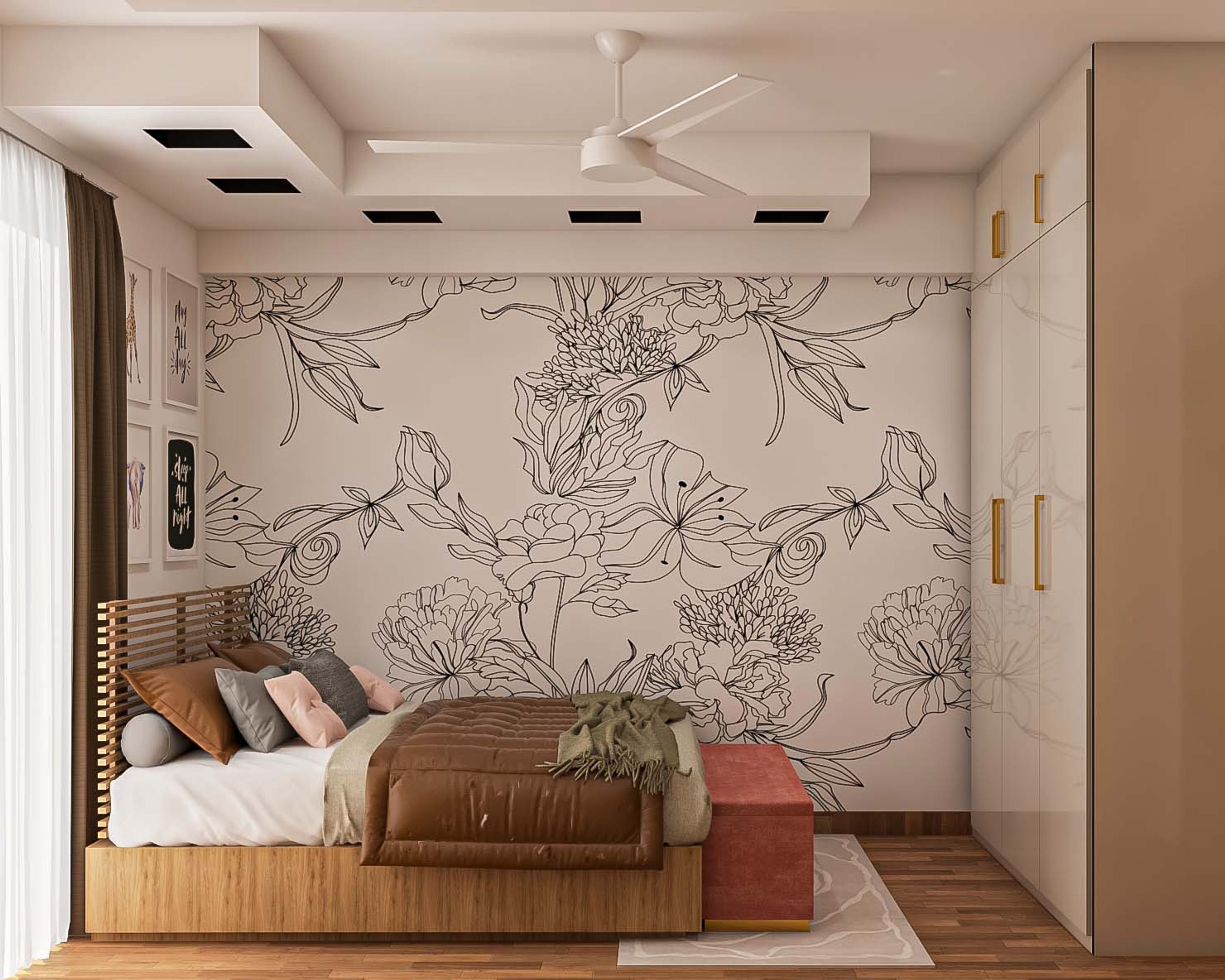 Modern Master Bedroom Design with Floral Wallpaper