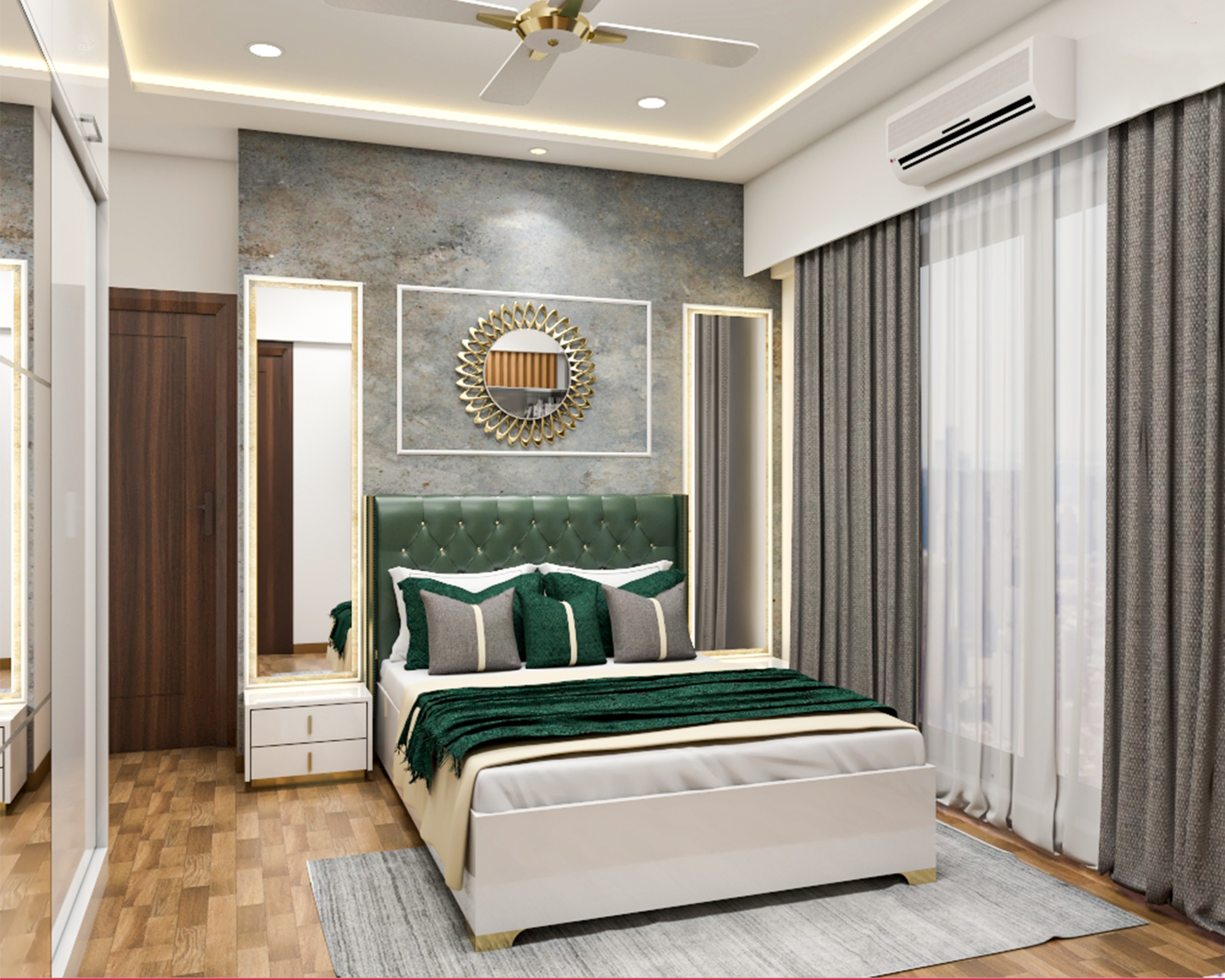 Contemporary Style Convenient Master Bedroom Design With Grey Textured Wall