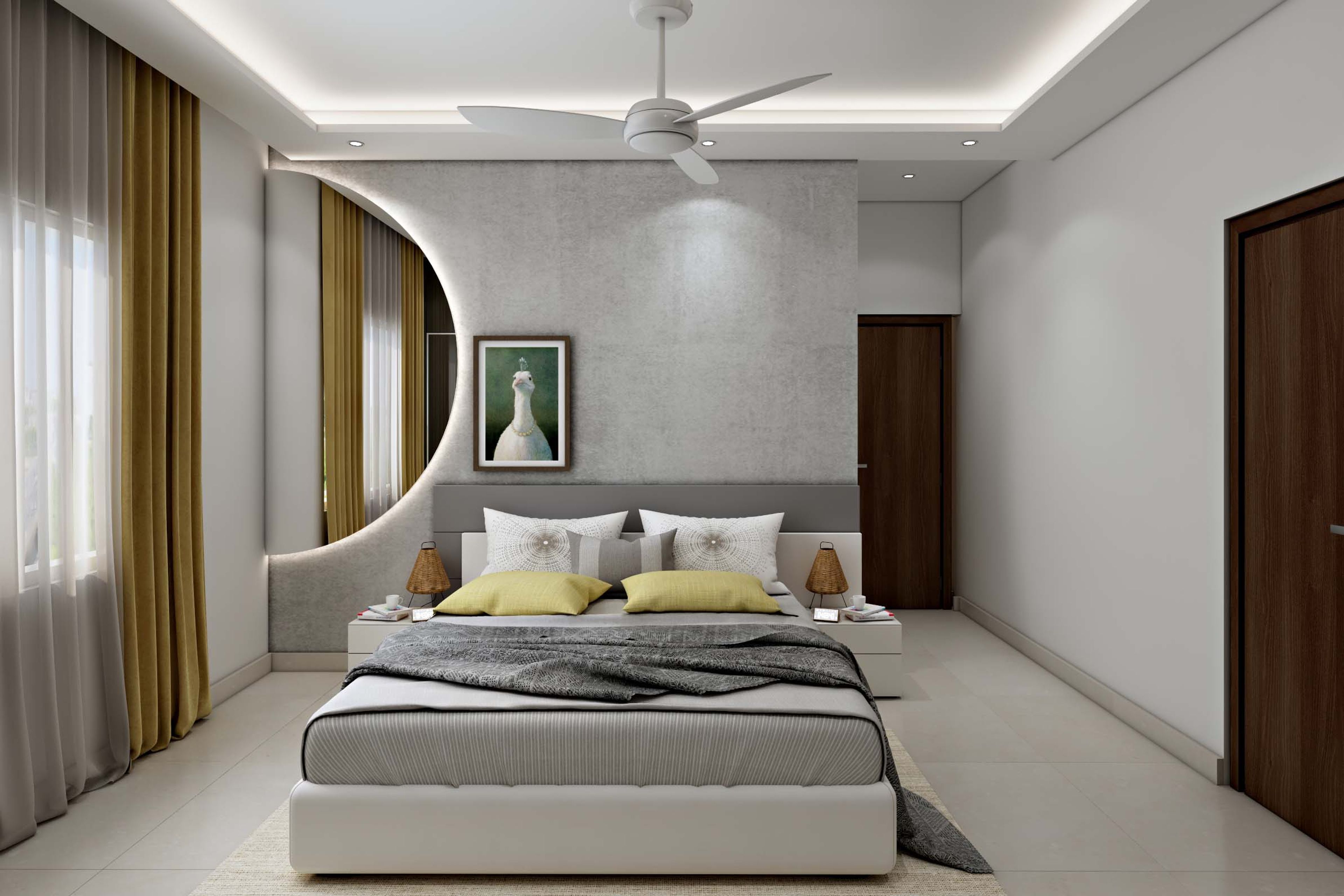 Grey Themed Modern Master Bedroom Design With False Ceiling