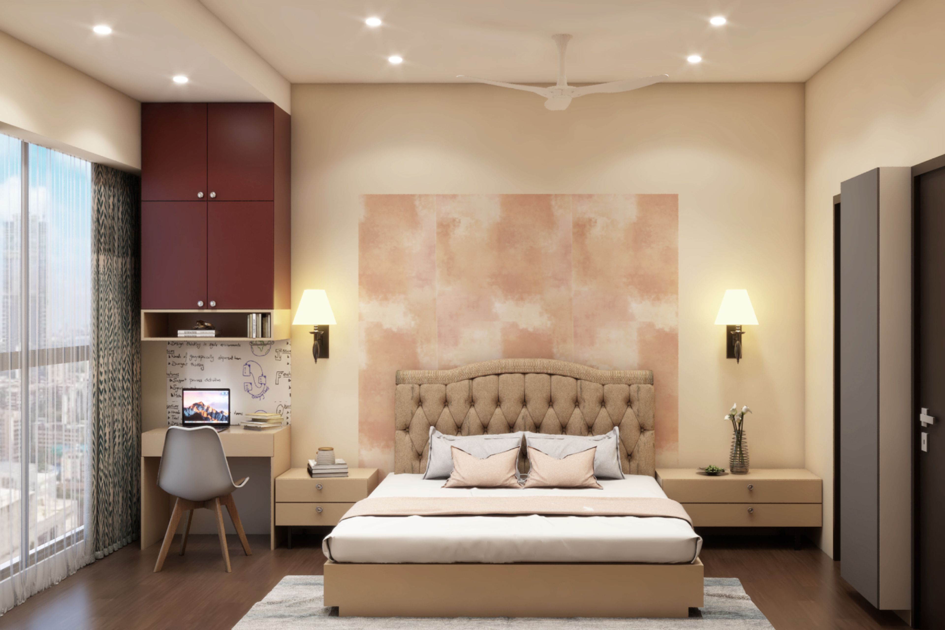 Spacious Beige Master Bedroom Design With Study Unit
