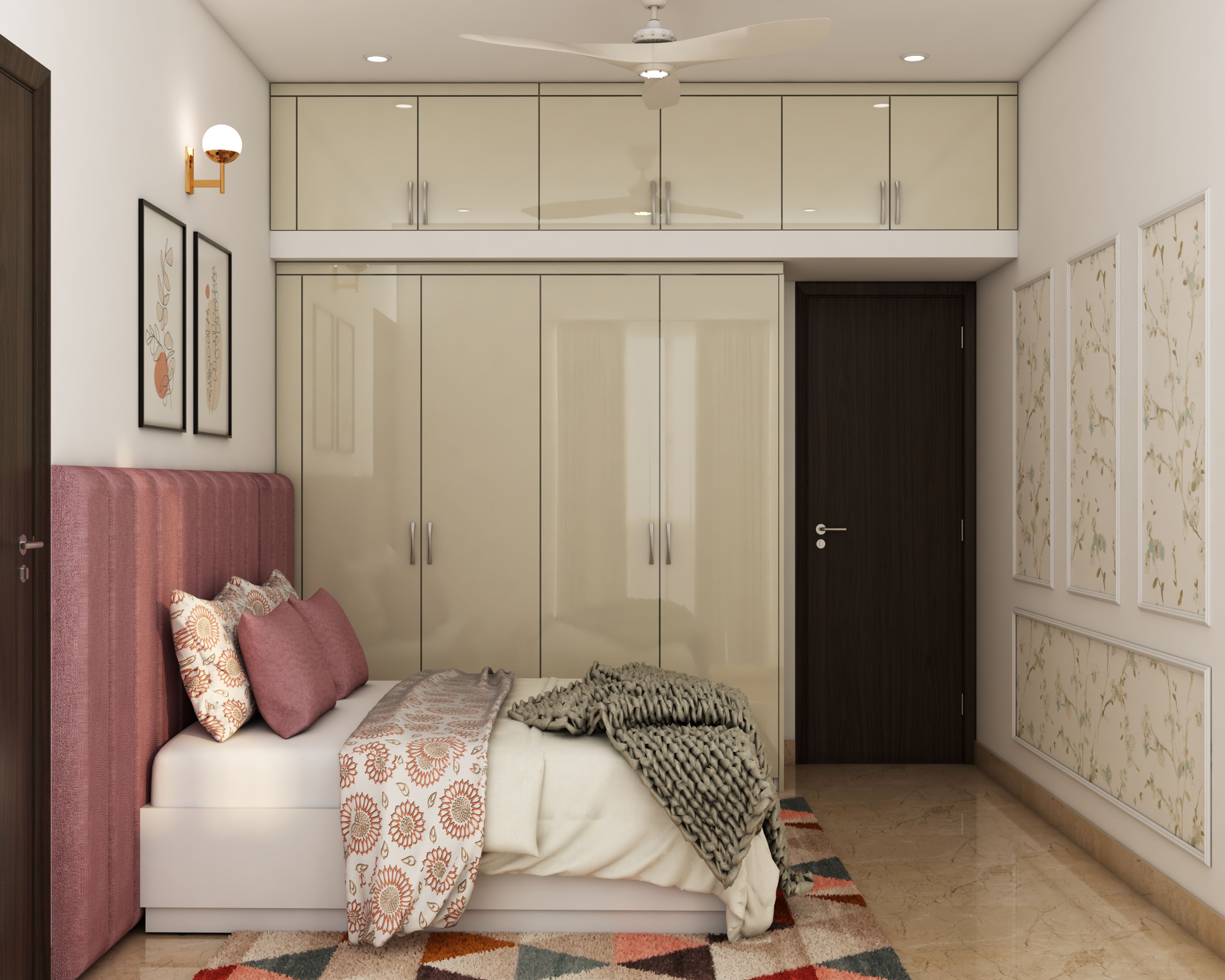 Modern Master Bedroom Design With Glossy Beige Wardrobe