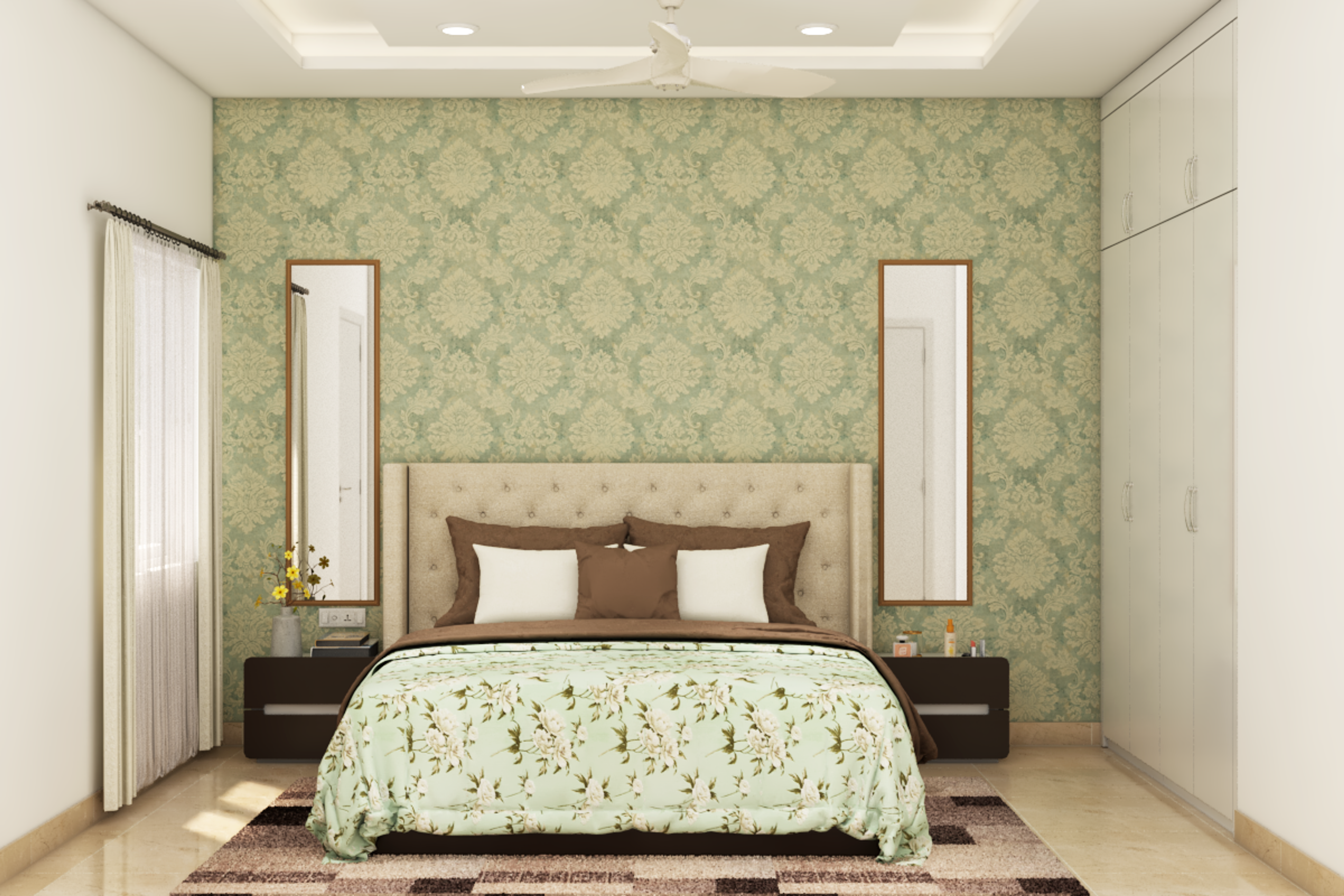 Modern Master Bedroom Design With Green Damask Wallpaper