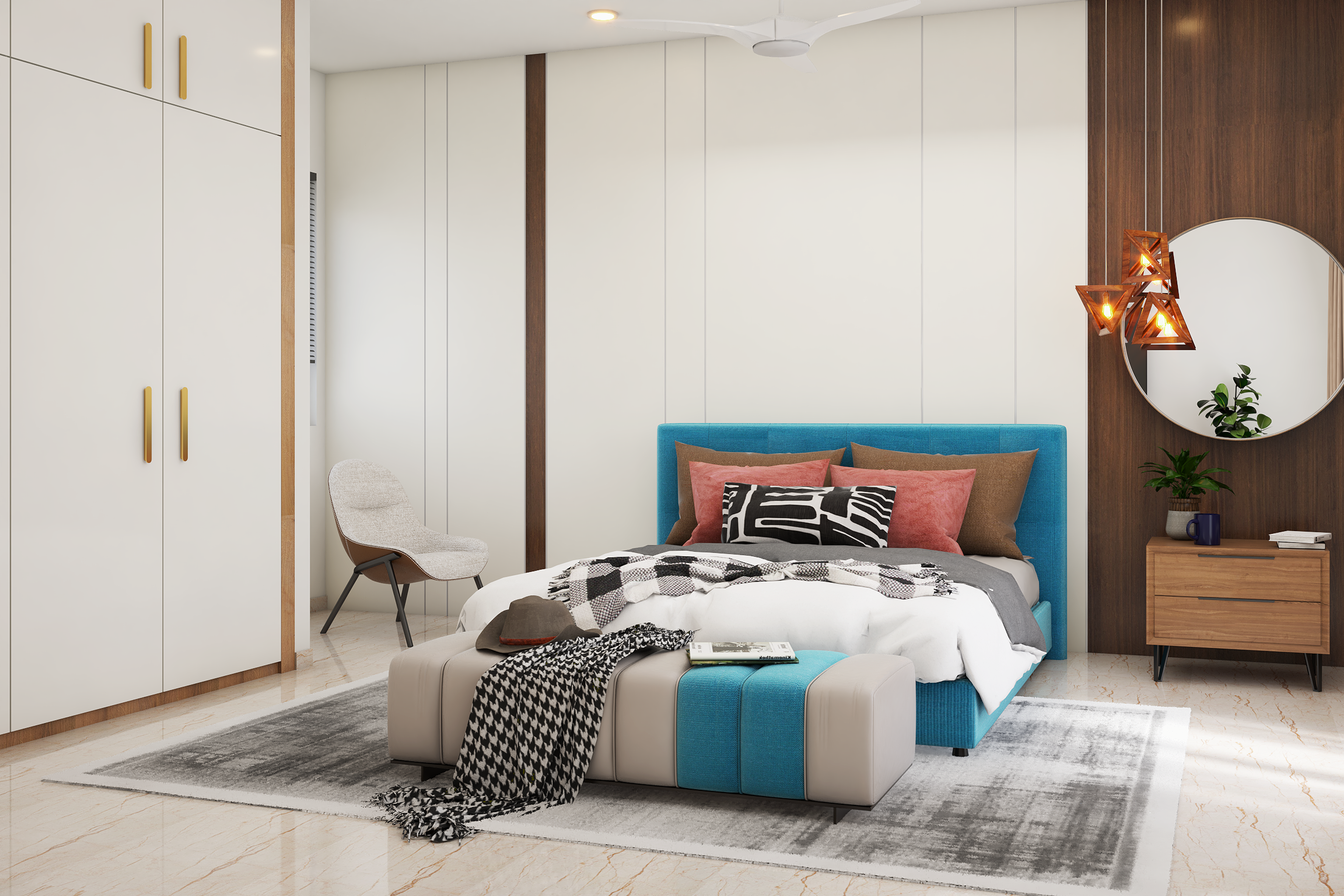 Contemporary Master Bedroom Design In White And Blue