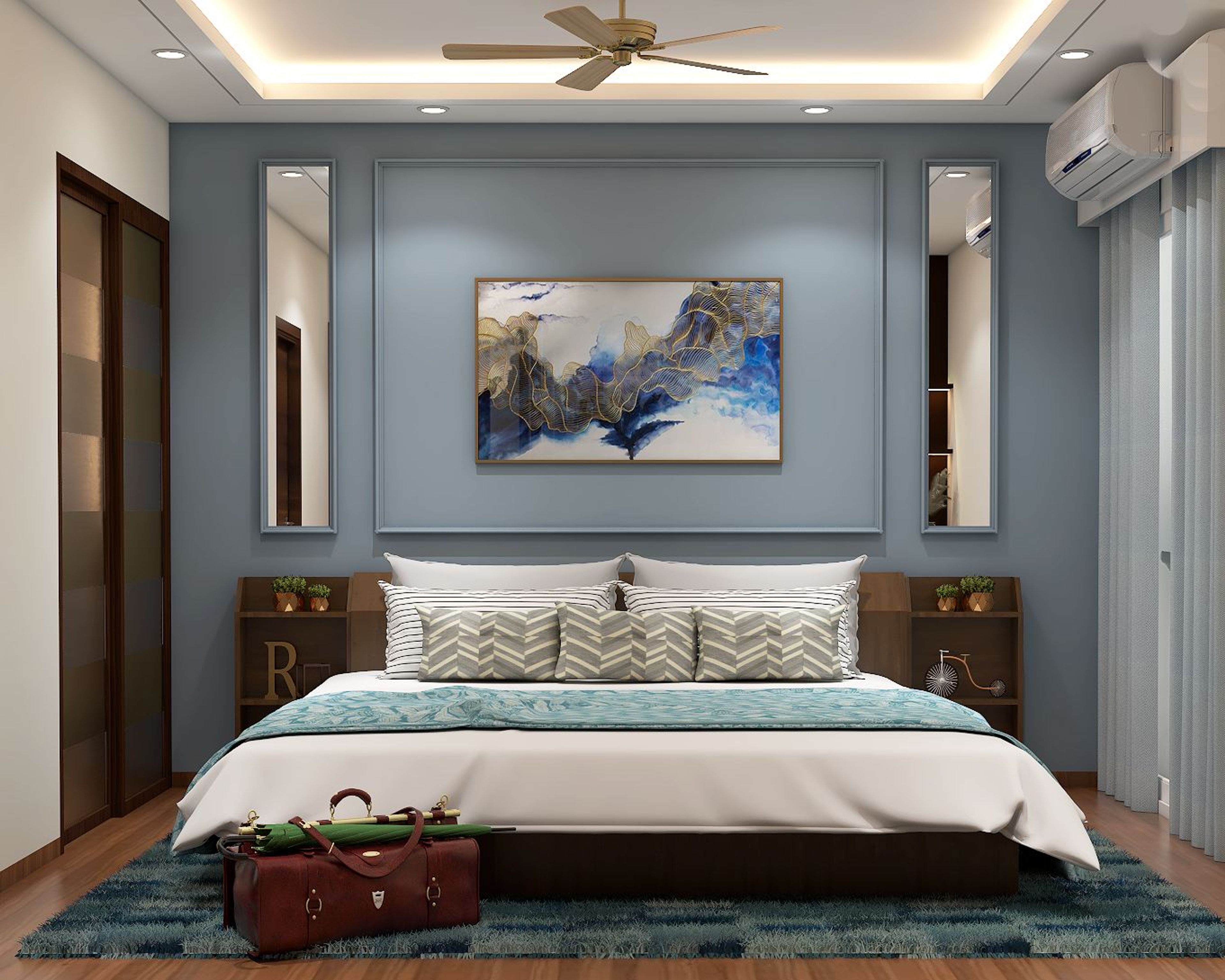 Modern Spacious Master Bedroom Design With Wall Trims