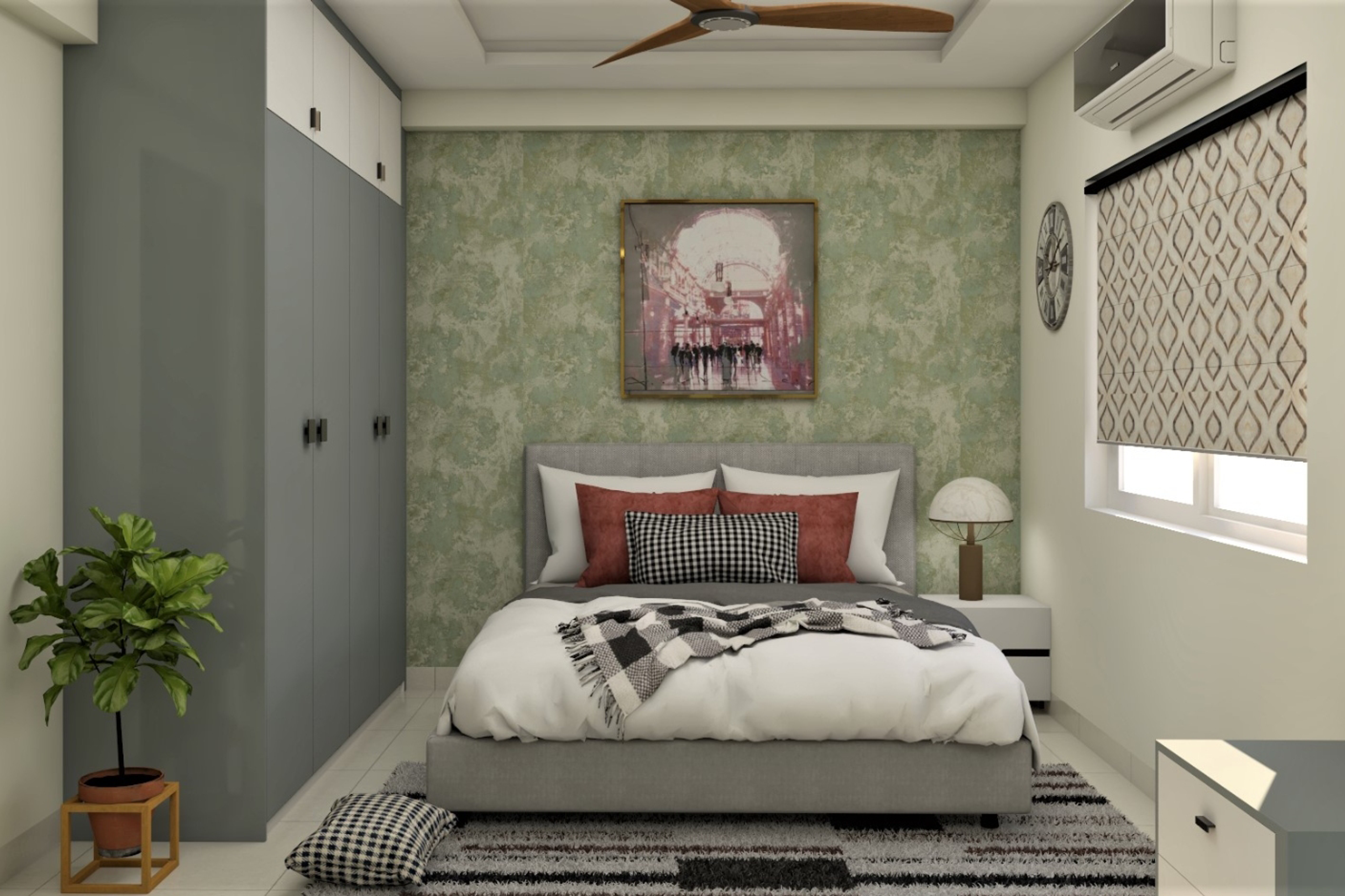 Modern Master Bedroom Design With Green Textured Wallpaper