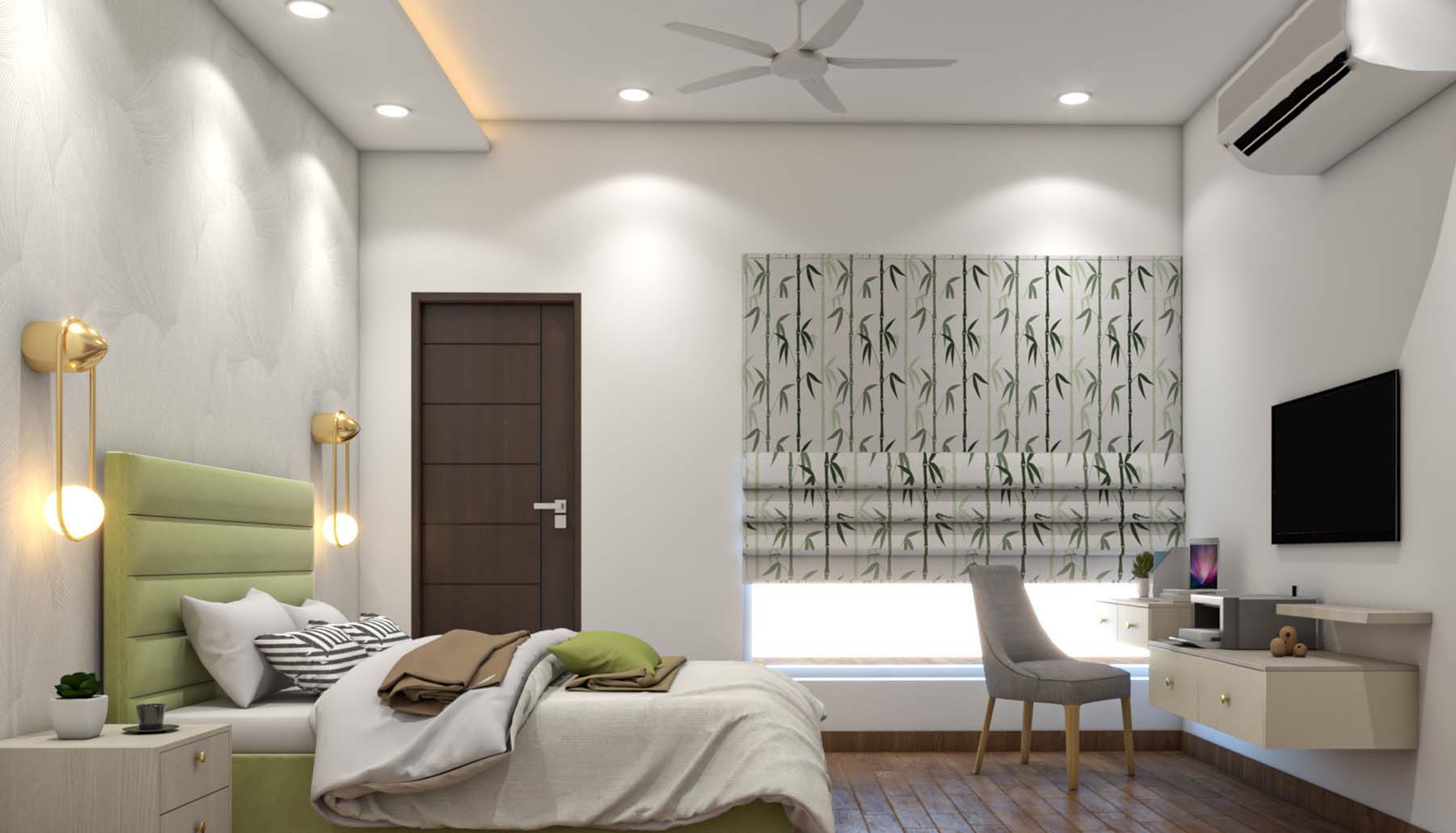Contemporary Master Bedroom Design With Lime Tufted Headboard