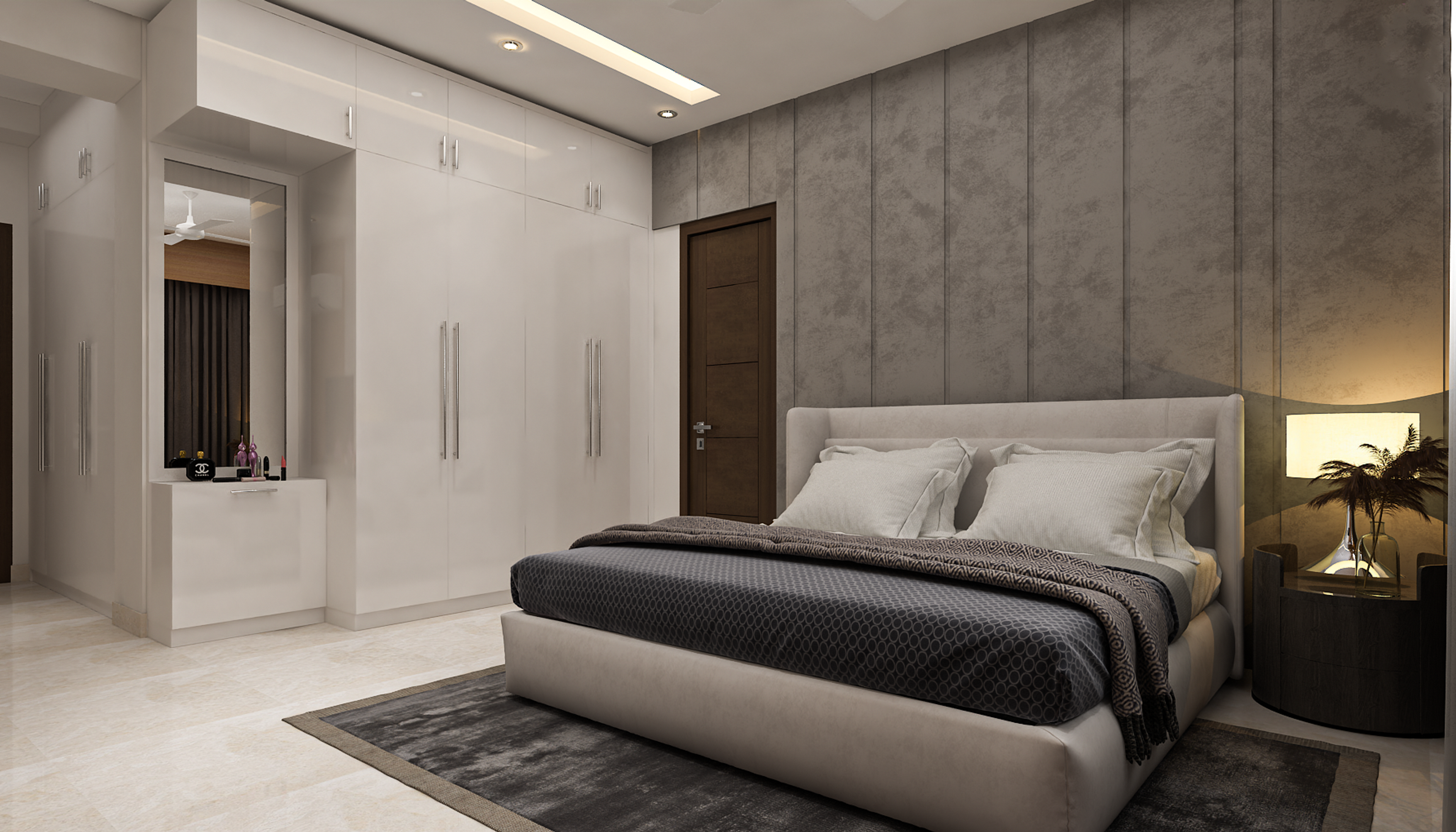 Contemporary Master Bedroom Design With White Glossy Wardrobe