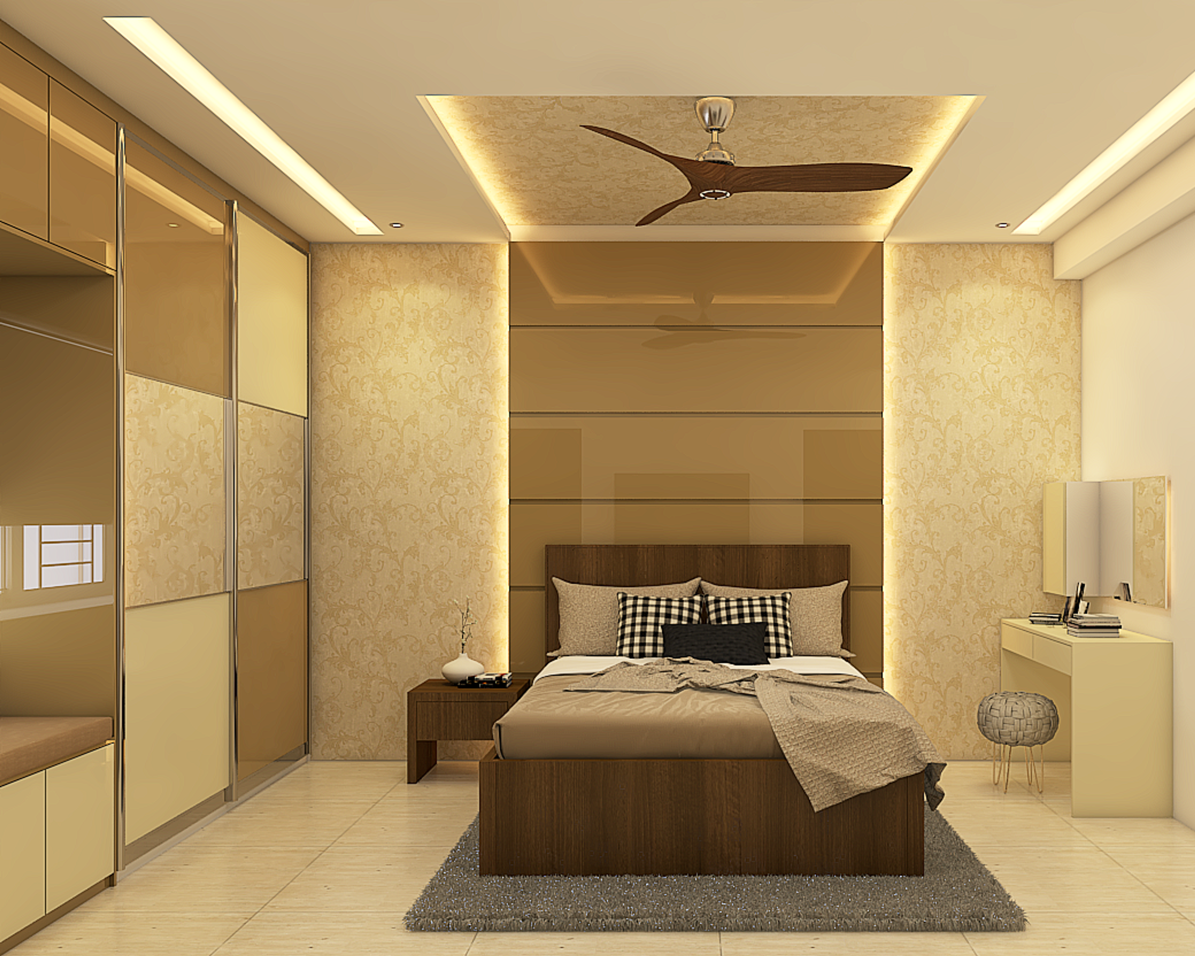 Contemporary Master Bedroom Design With Double Bed And Gold Wallpaper