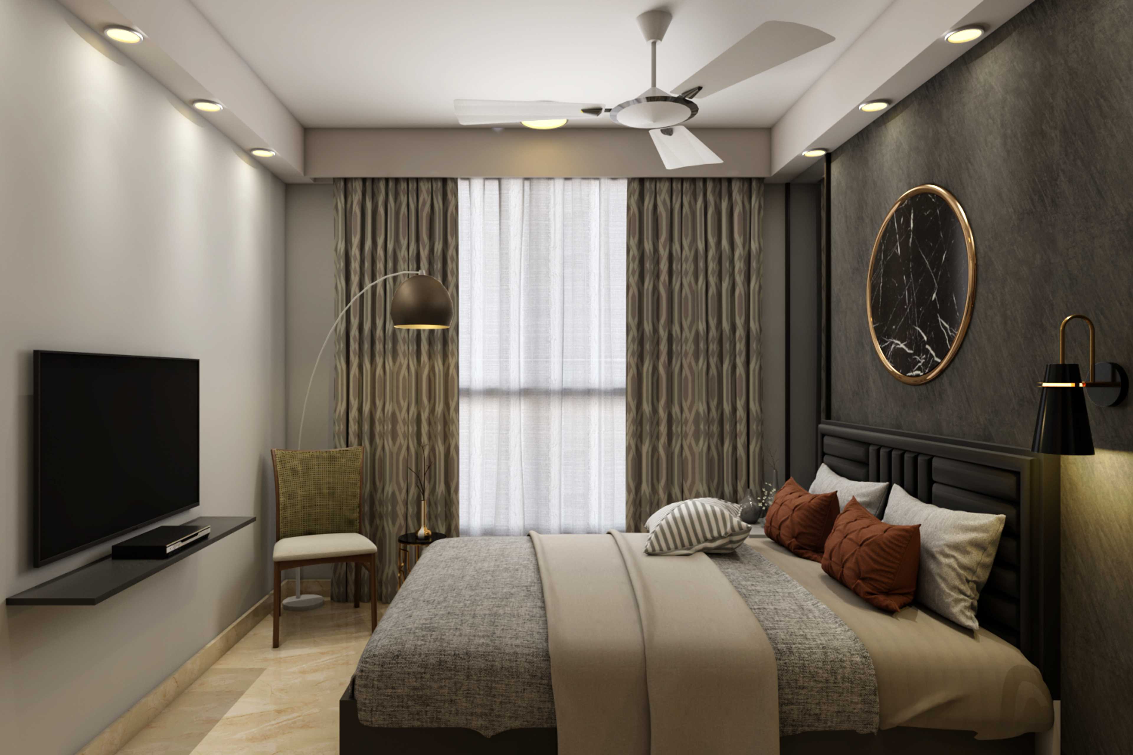Contemporary Master Bedroom Design With Black Textured Wallpaper
