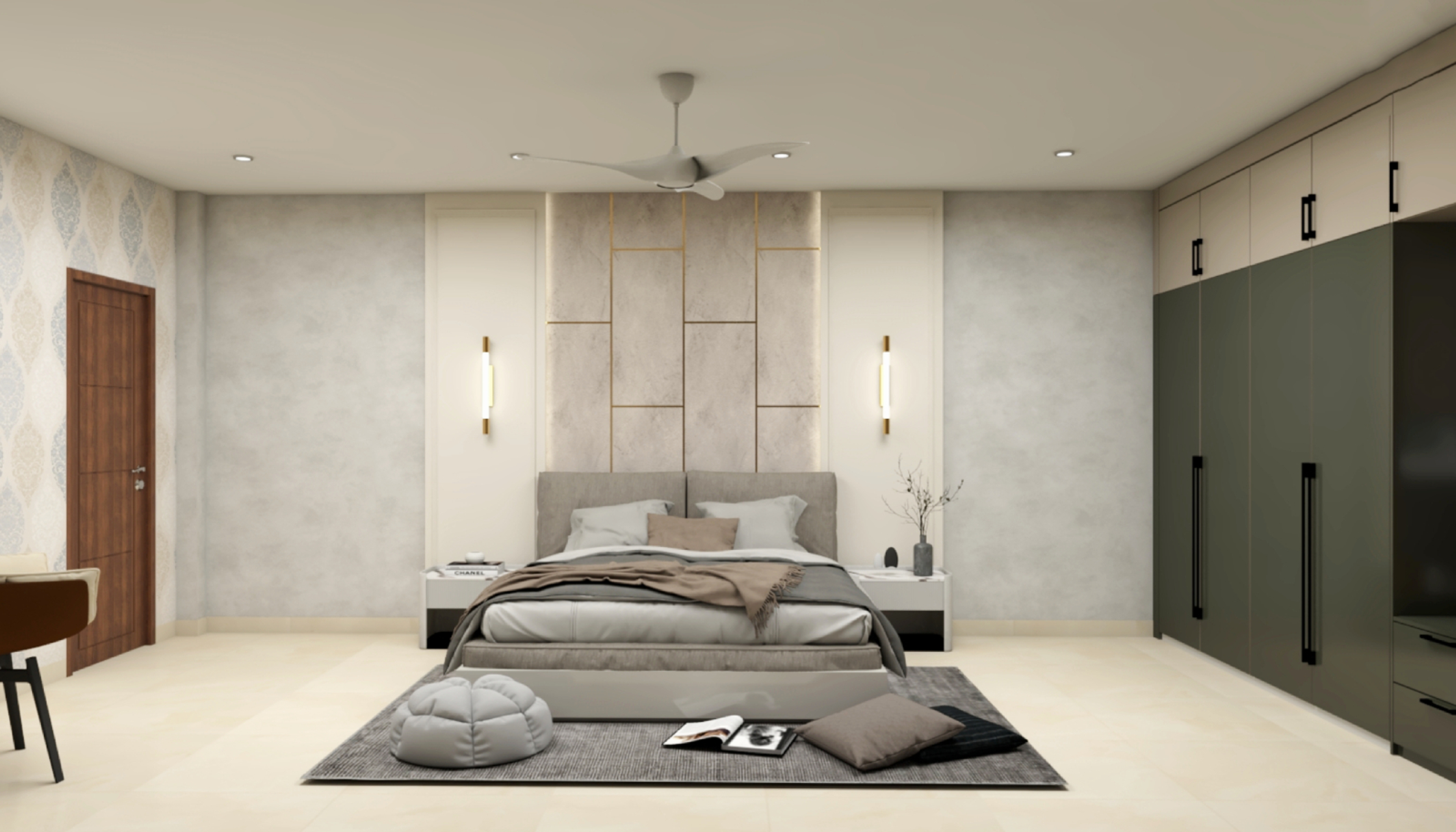 Grey Spacious Modern Master Bedroom Design With Bedside Unit