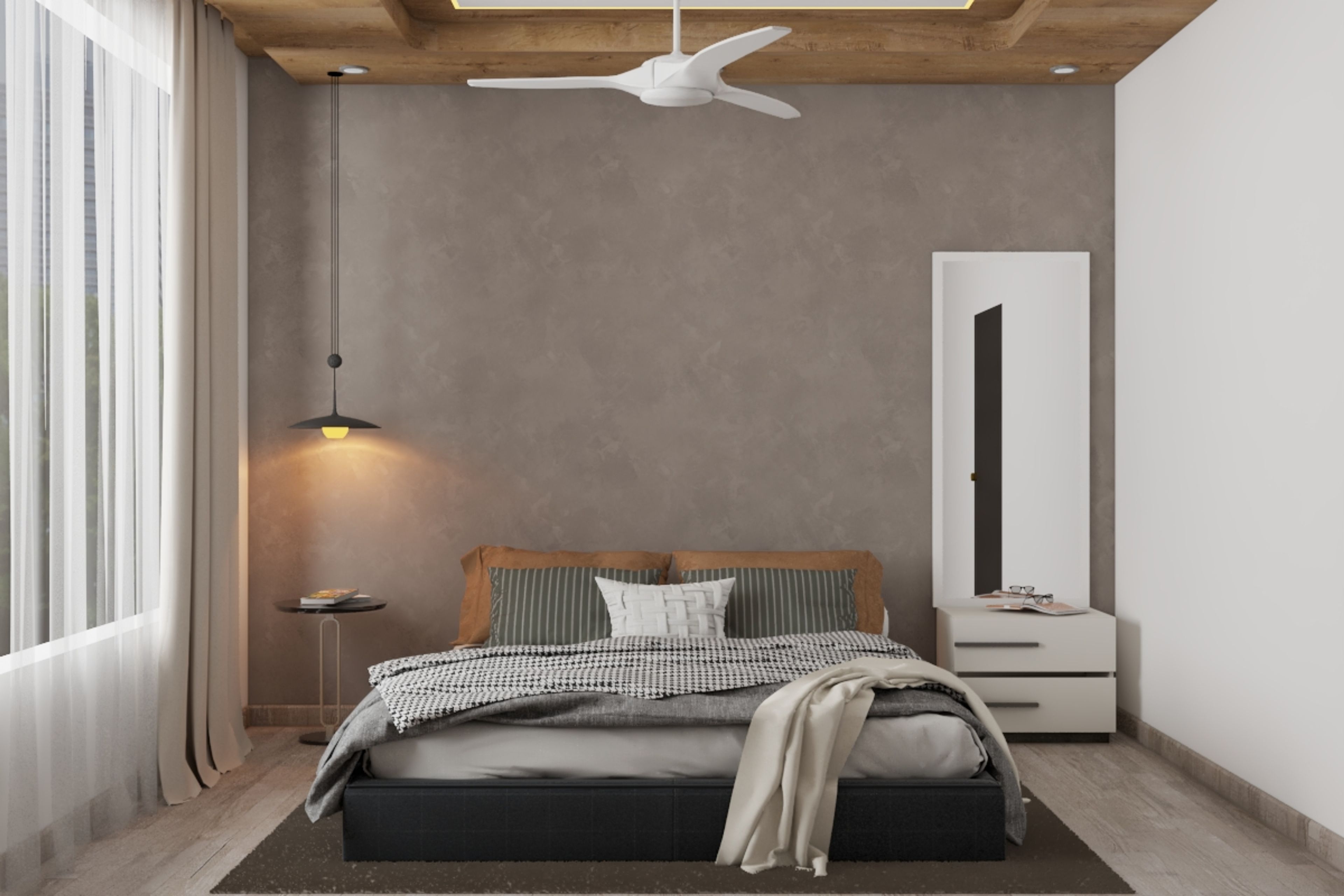 Modern Grey Themed Master Bedroom Design With White Framed Mirror