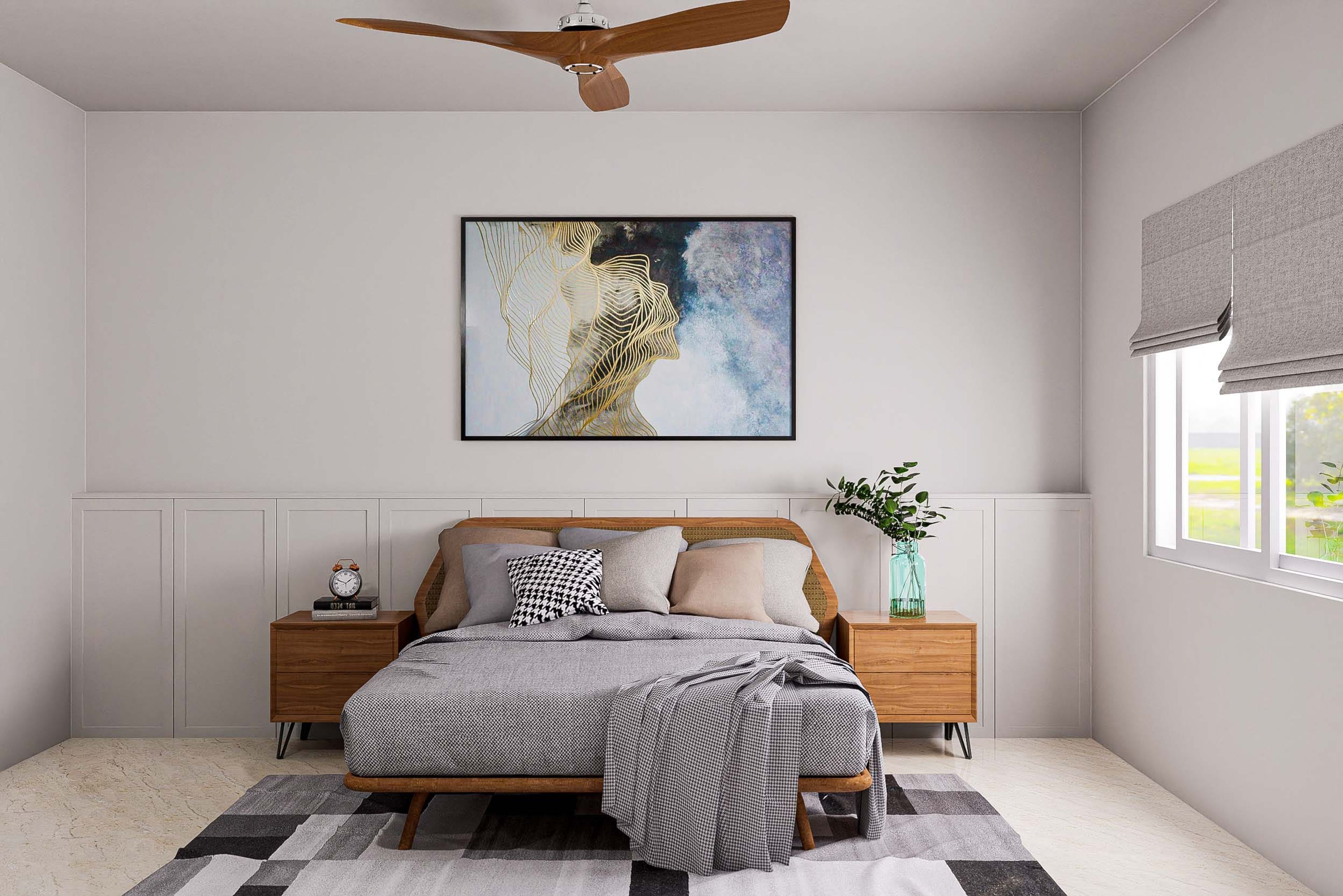 Contemporary Master Bedroom Design With Decorative White Feature Wall