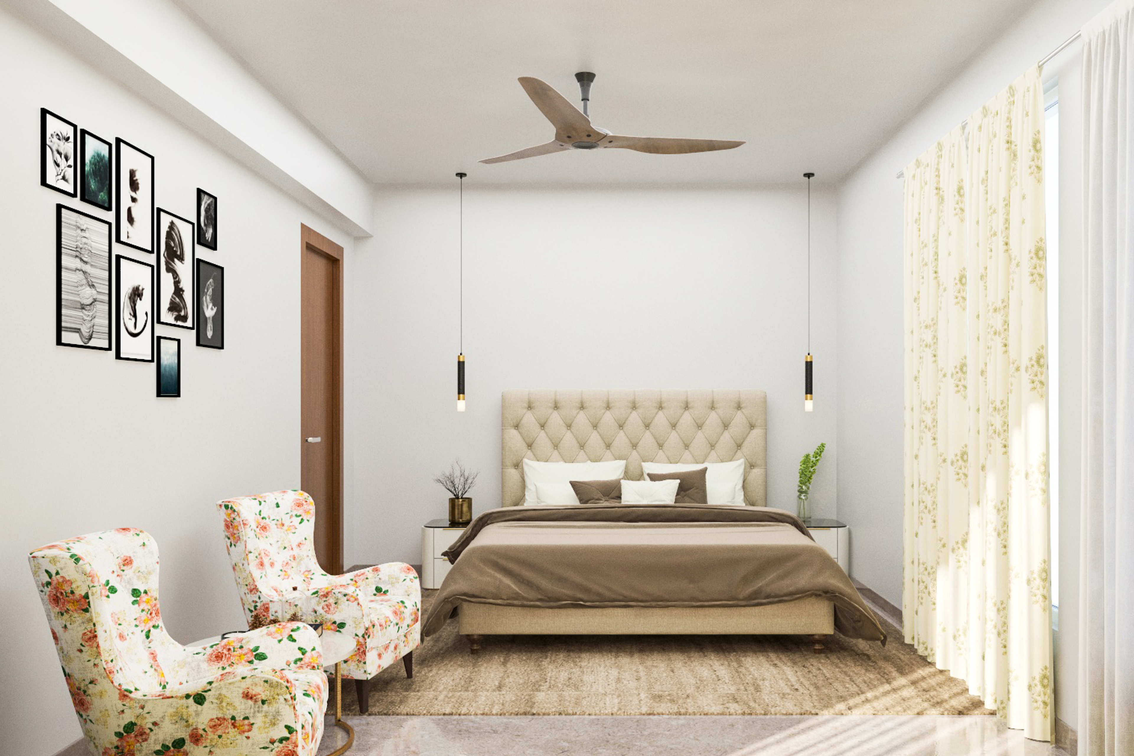 Contemporary Spacious Master Bedroom Design With Printed Accent Chairs