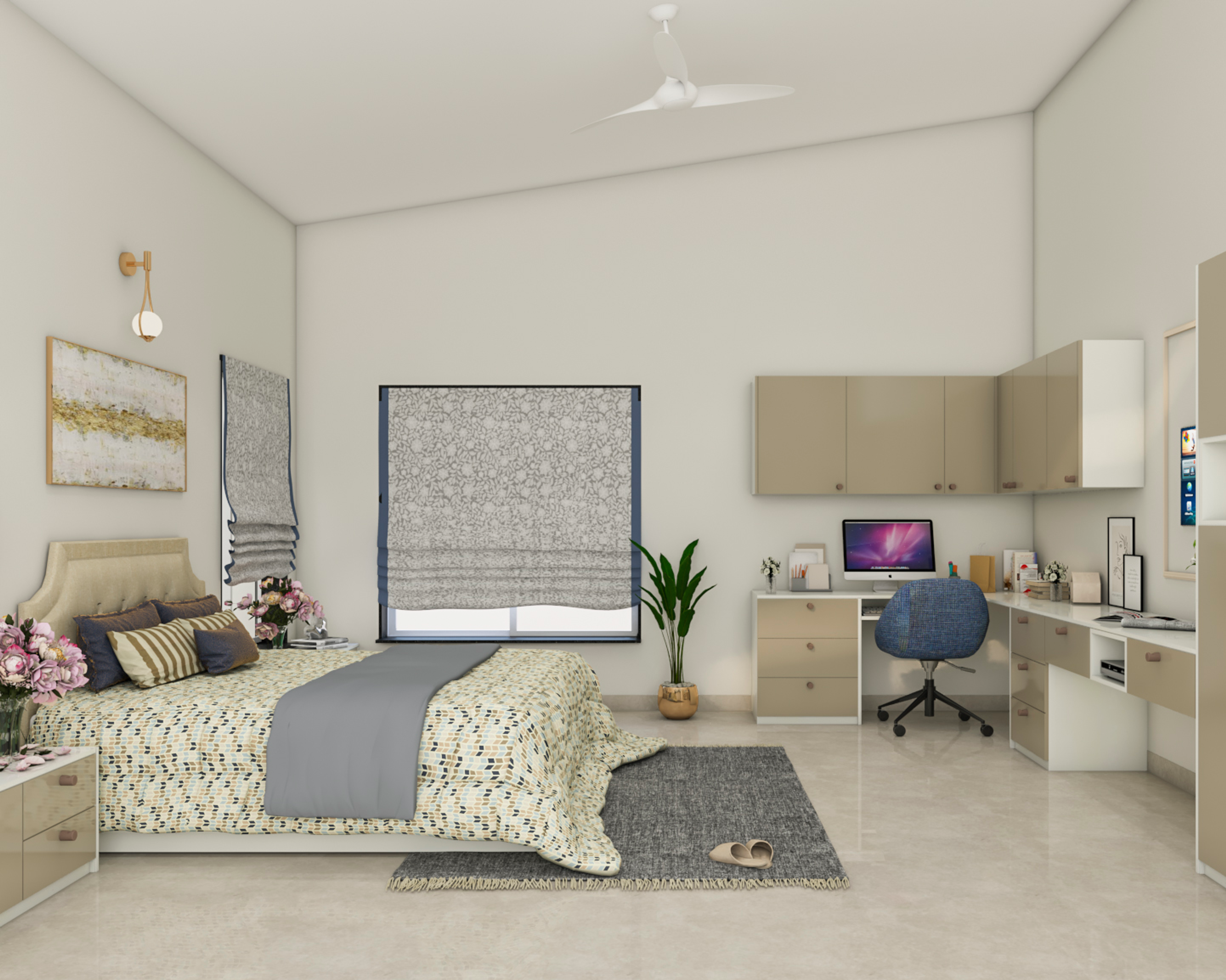 Modern Beige And White Bedroom Design With Study Table