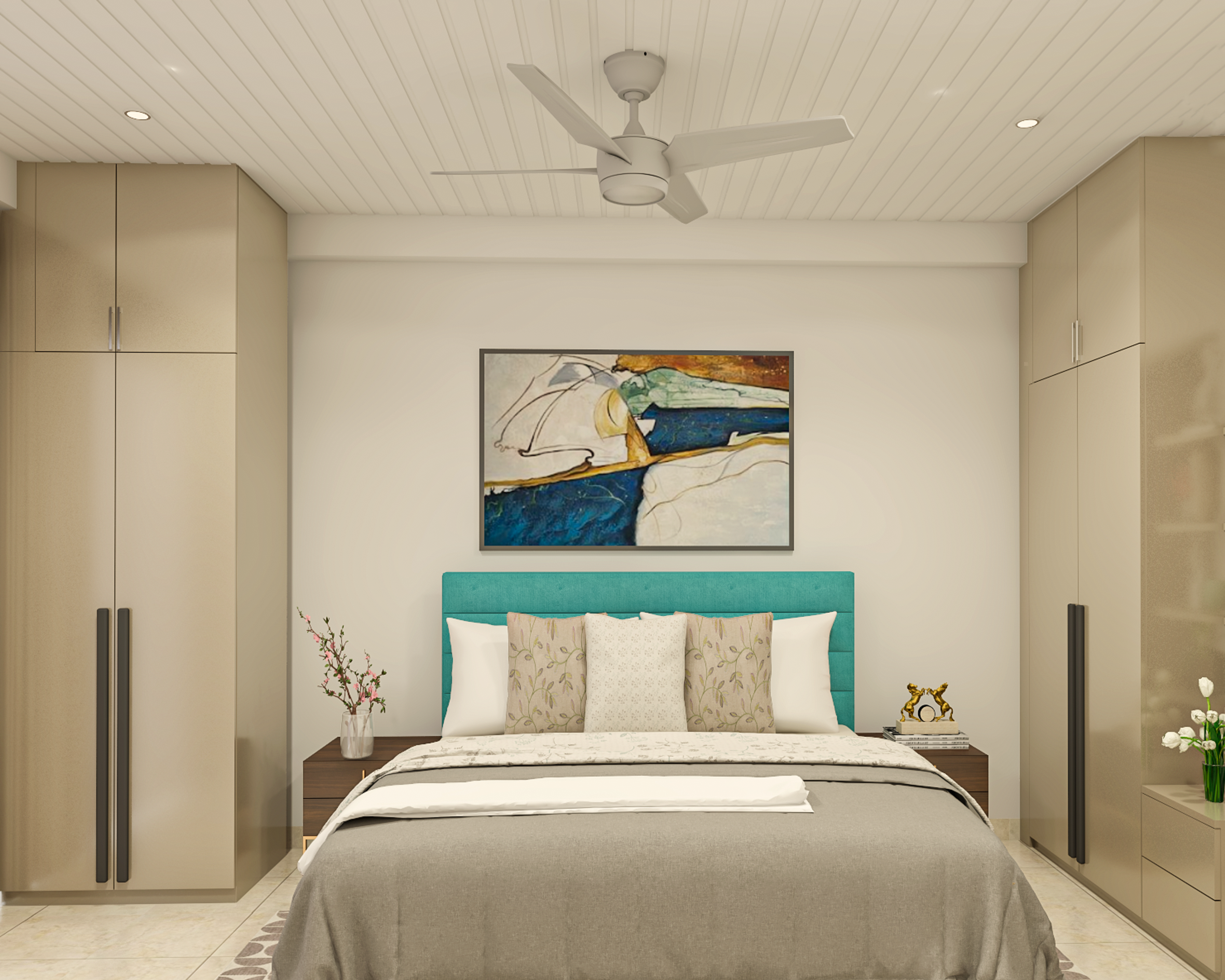 Modern Bedroom Design With Blue And Beige Tones