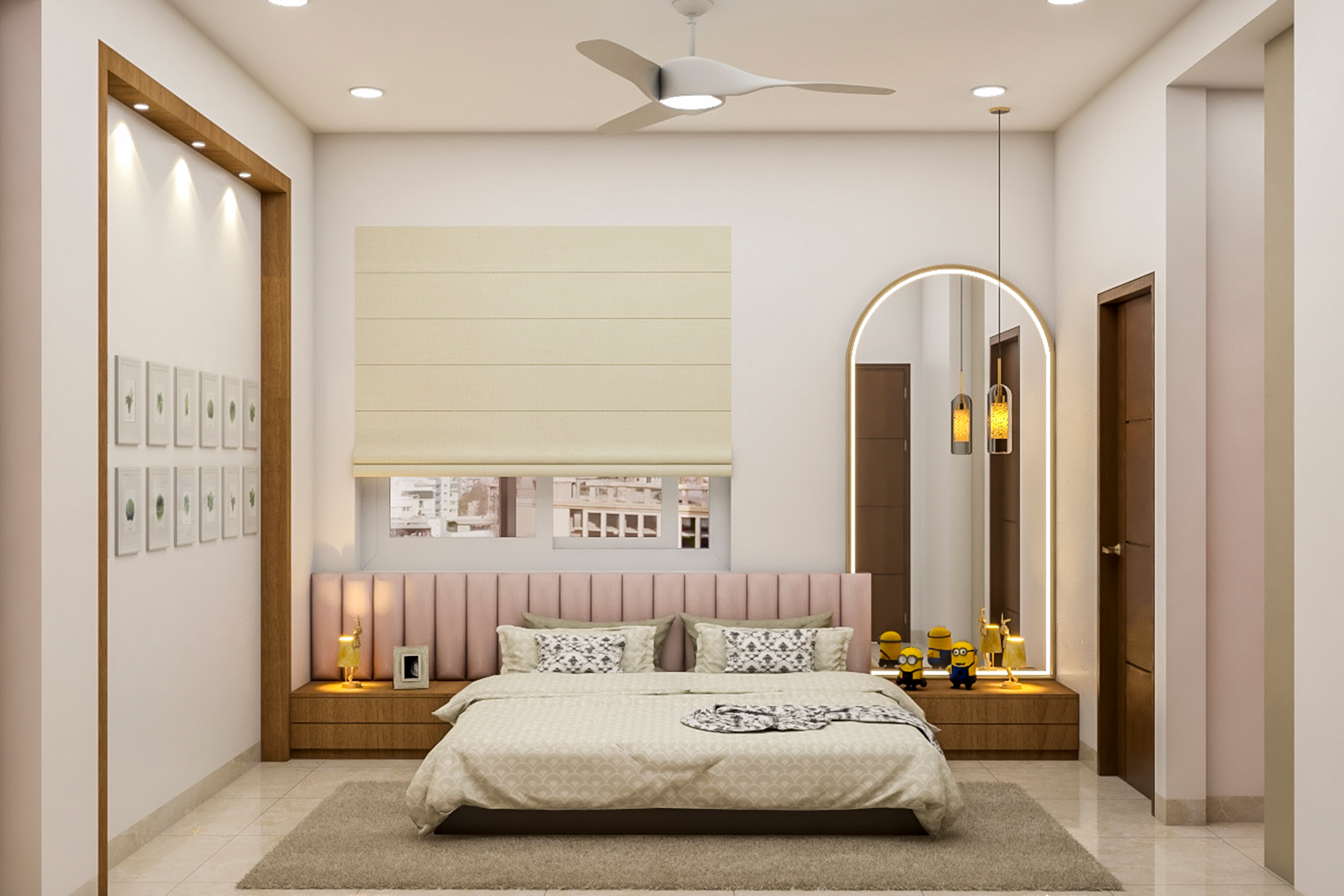 Spacious Modern Master Bedroom Design With Long Mirror