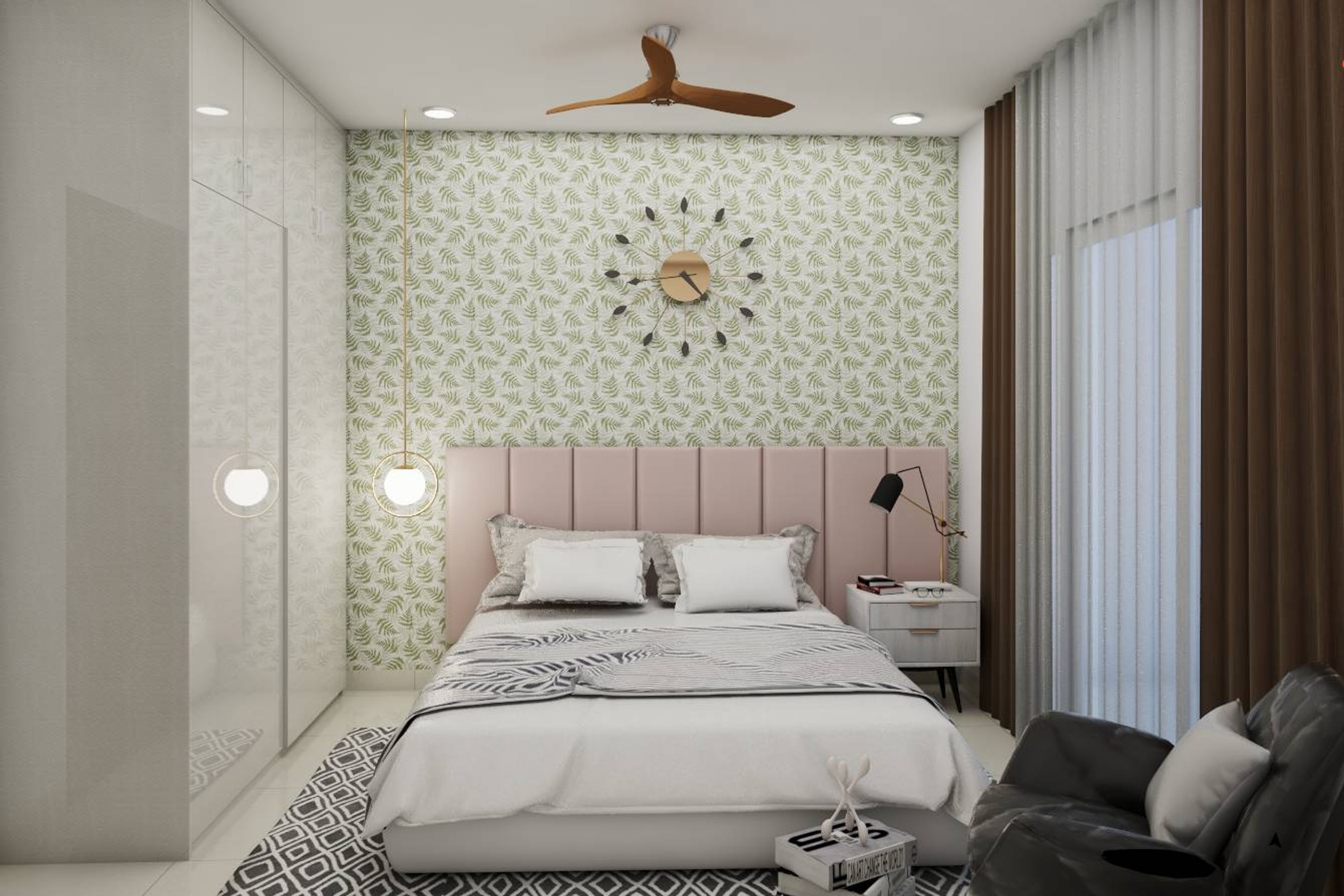 Cream Modern Master Bedroom Design With Leaf Wallpaper