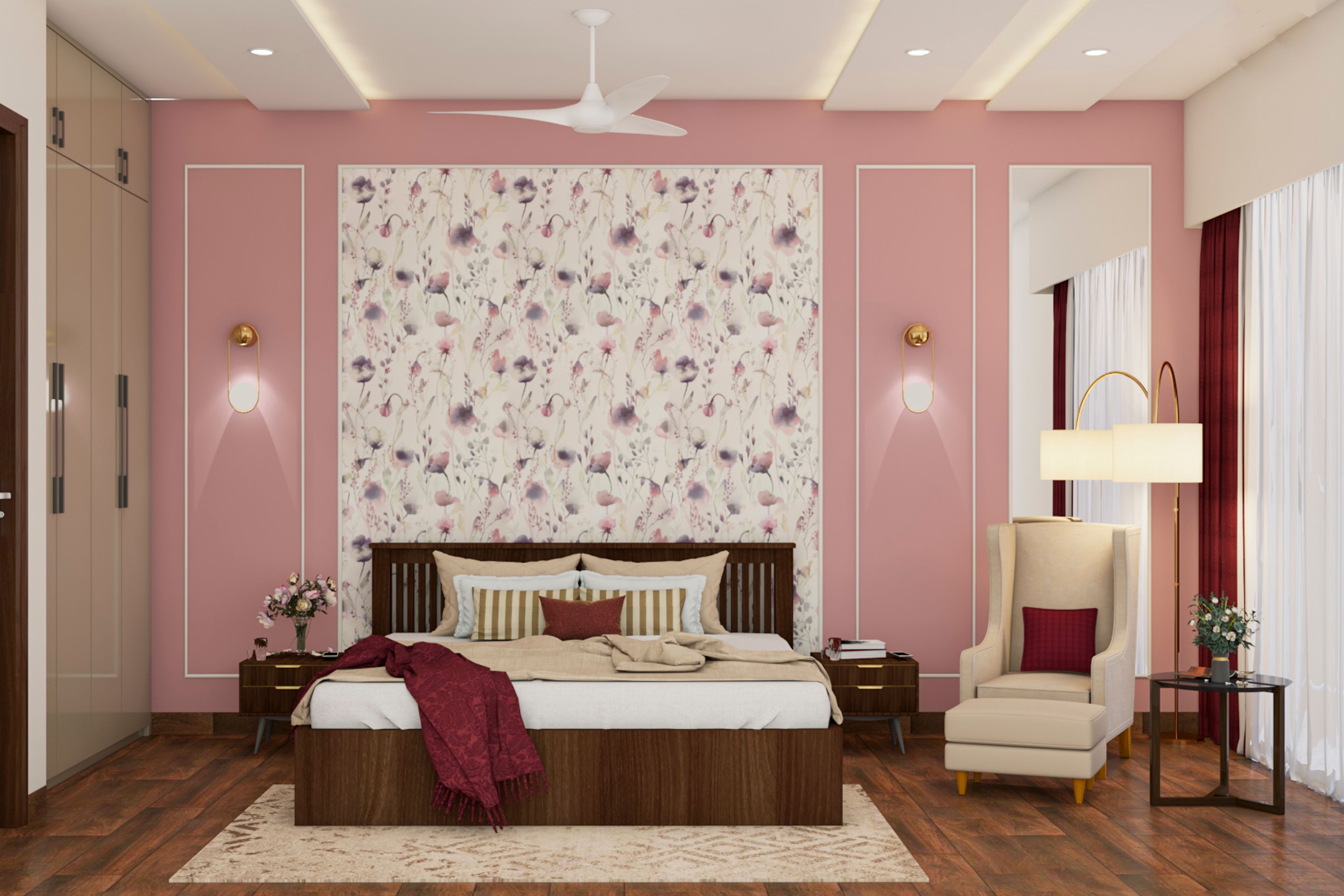 Pink Classic Master Bedroom Design Idea With Golden Wall Fixtures
