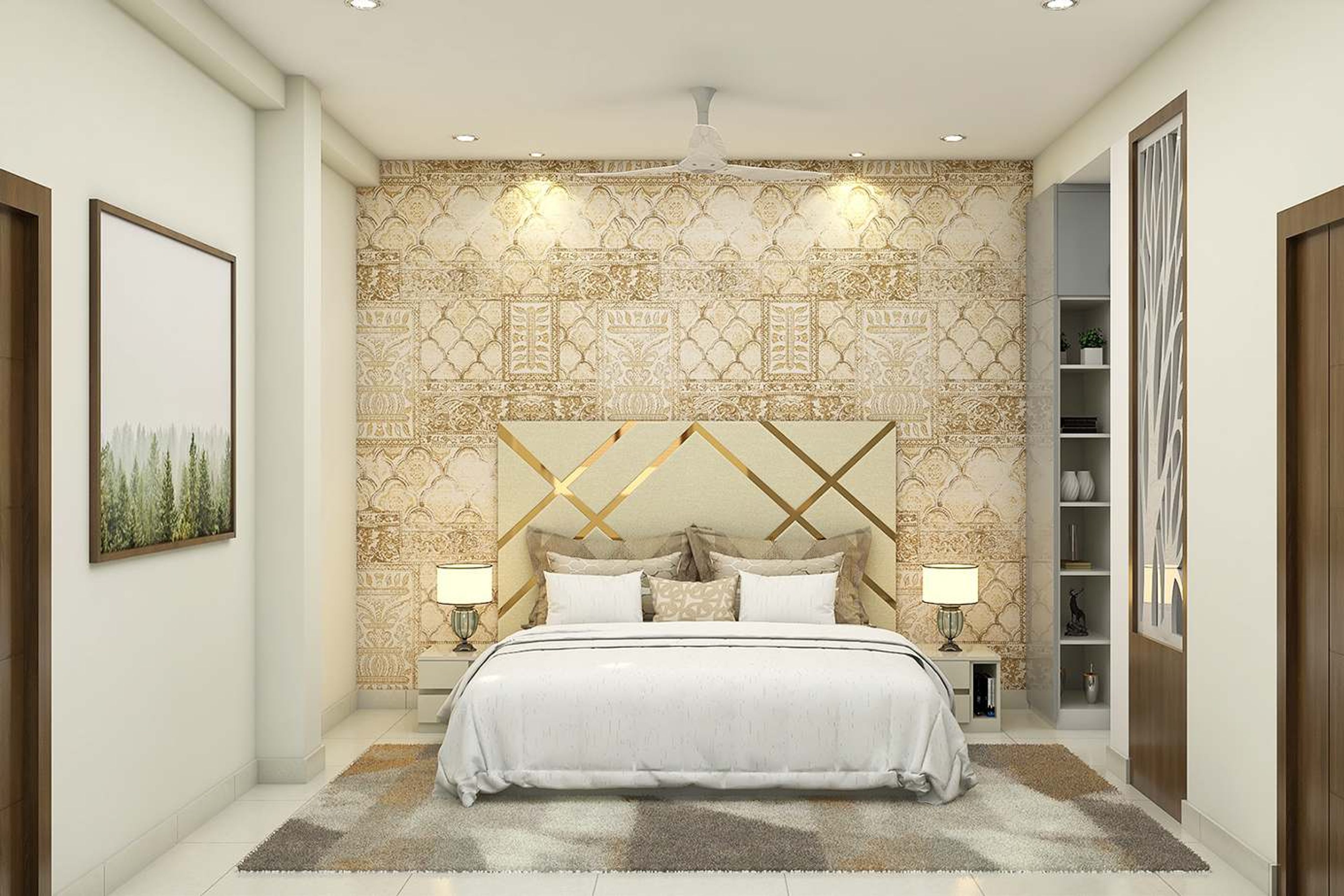 Spacious Master Bedroom Design With A Beige Patterned Wallpaper