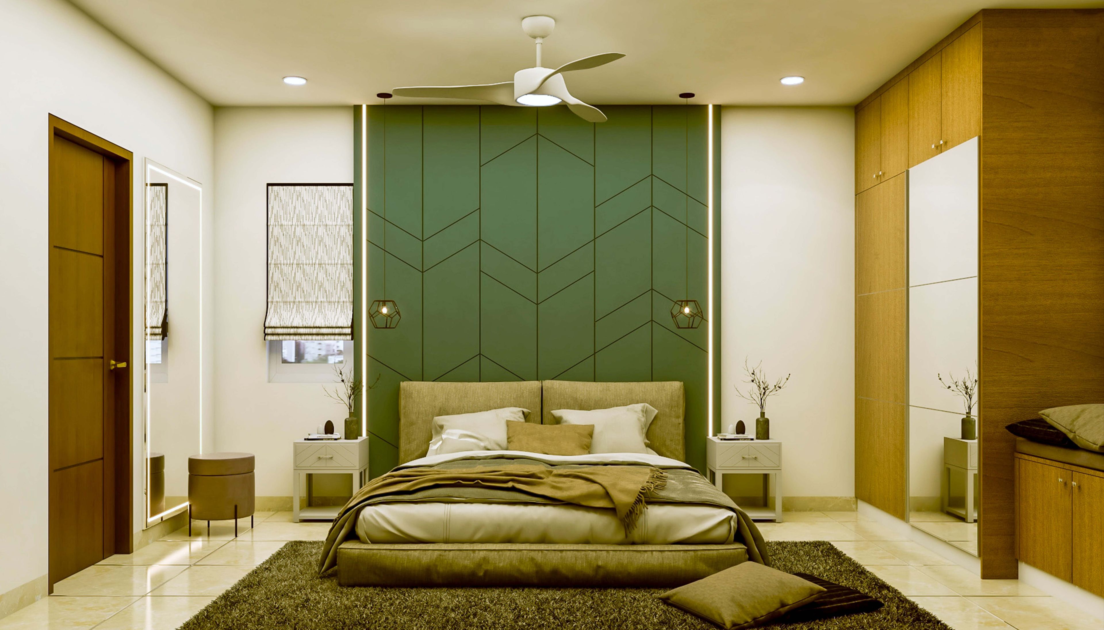 Contemporary Style Spacious Master Bedroom Design With Green Accent Wall