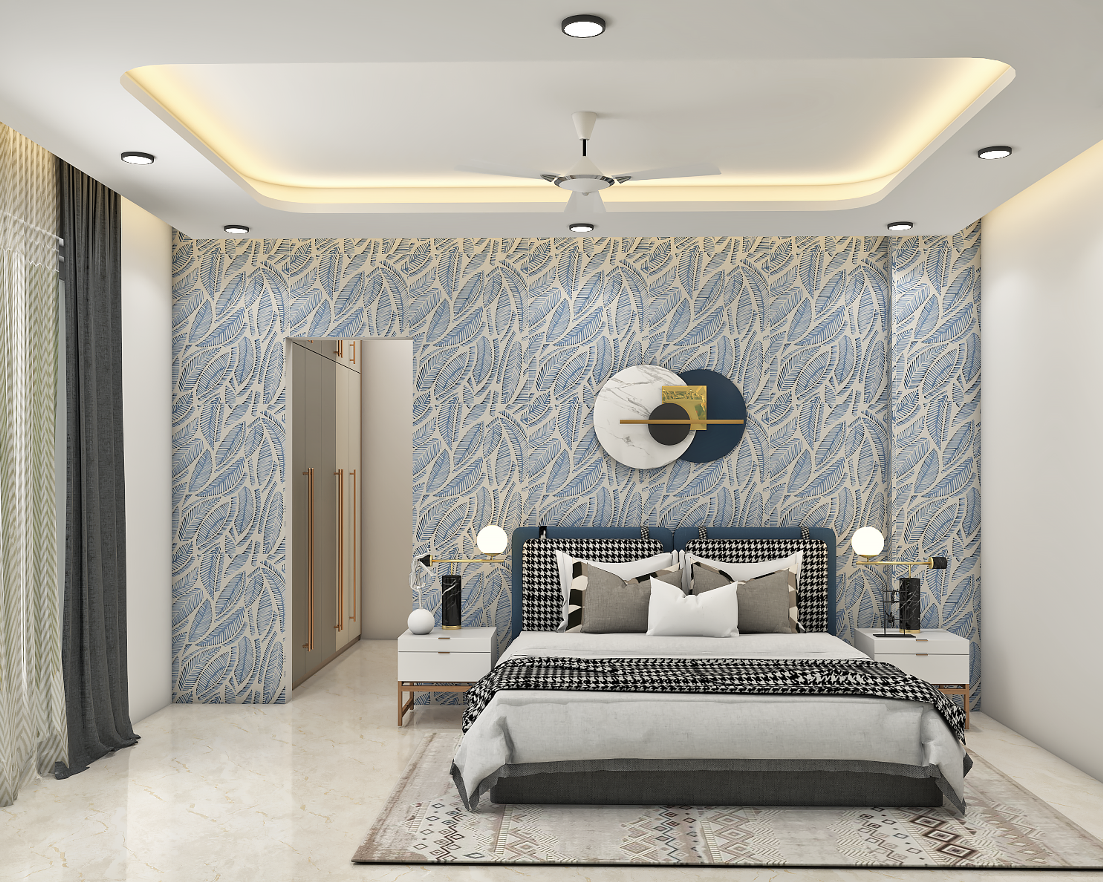 Contemporary Spacious Master Bedroom Design With Blue And White Decor