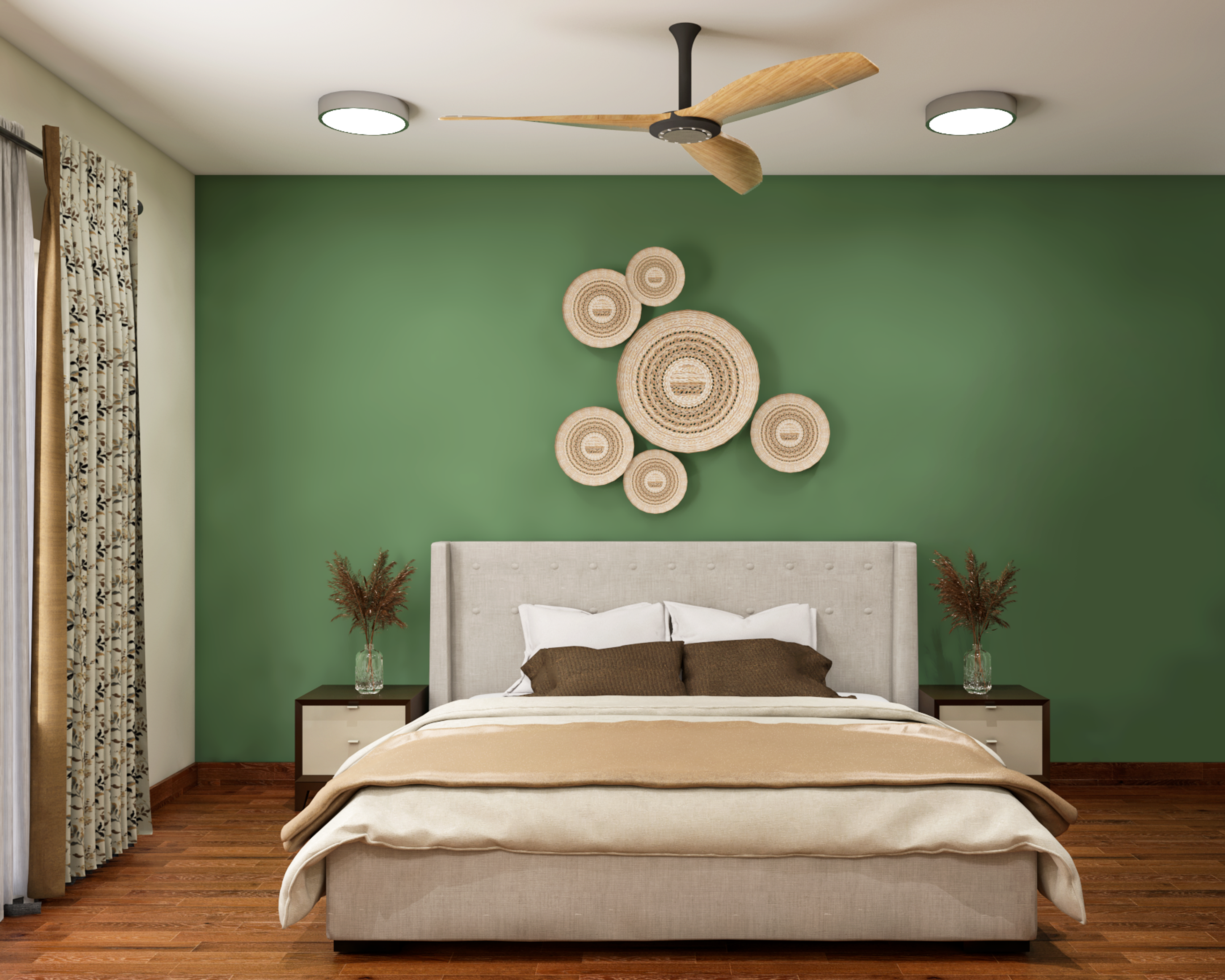 Modern Bedroom Design With Beige Furniture And Green Accent Wall