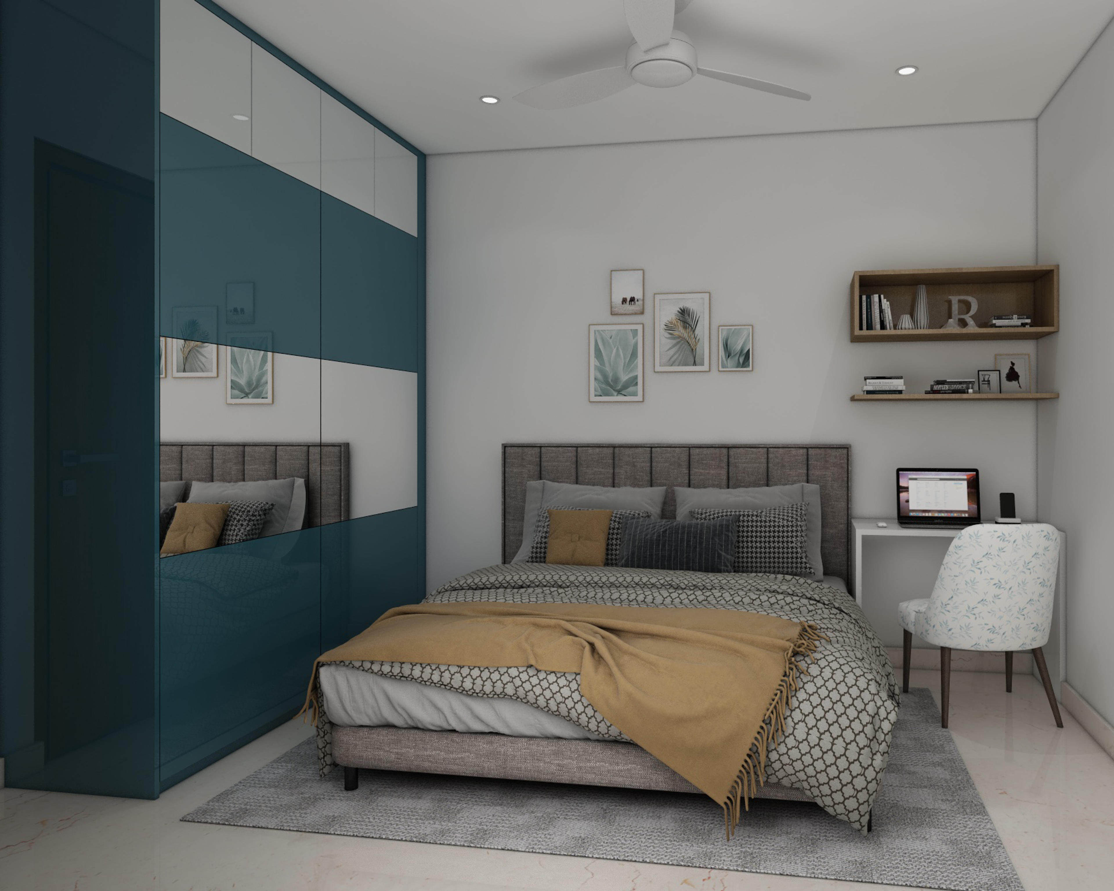 Modern Spacious Master Bedroom Design With Blue Sliding Wardrobe