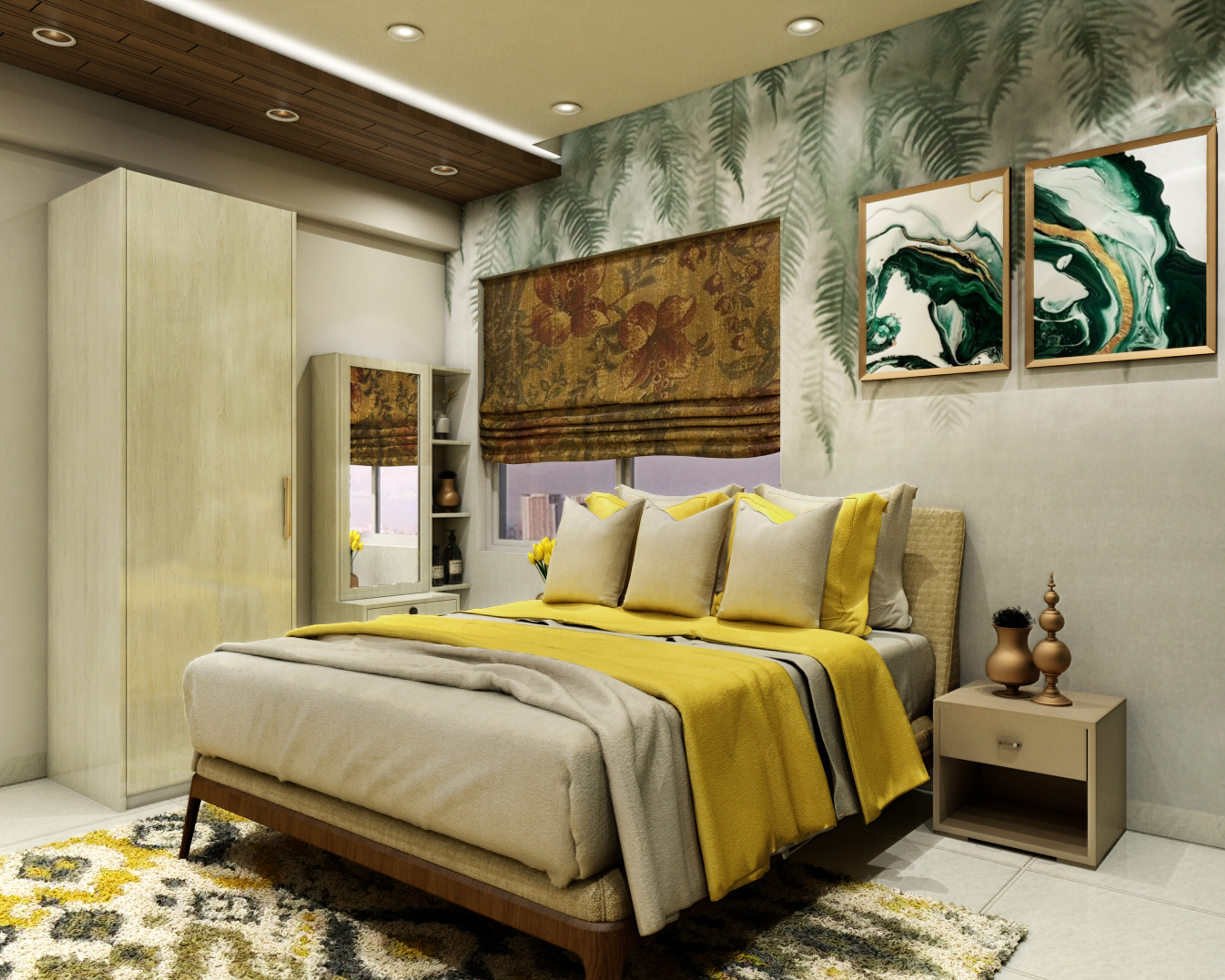 Modern Master Bedroom Design With Tropical Wallpaper