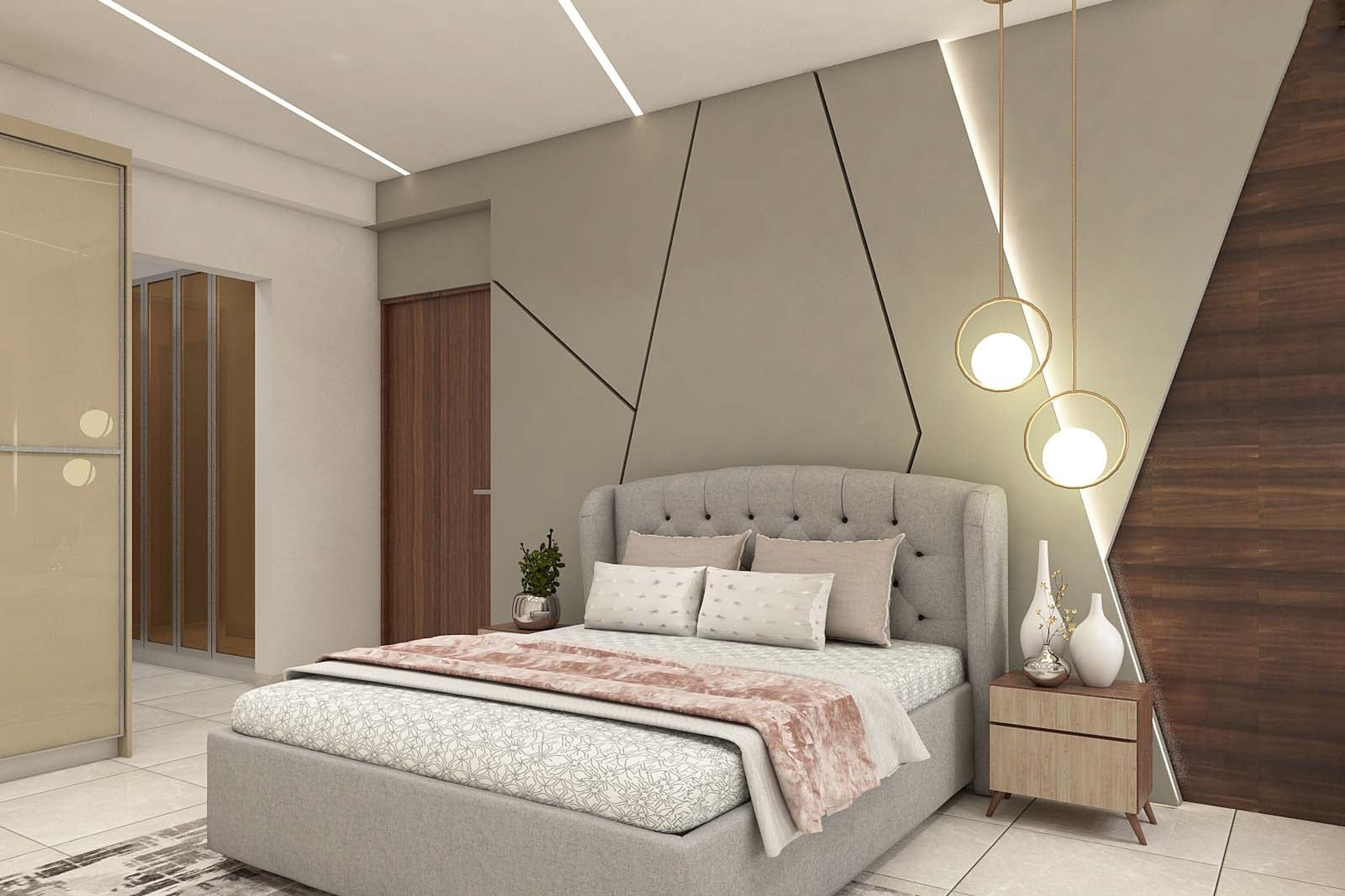 Contemporary Master Bedroom Design With Beige Hues And Drop Lights