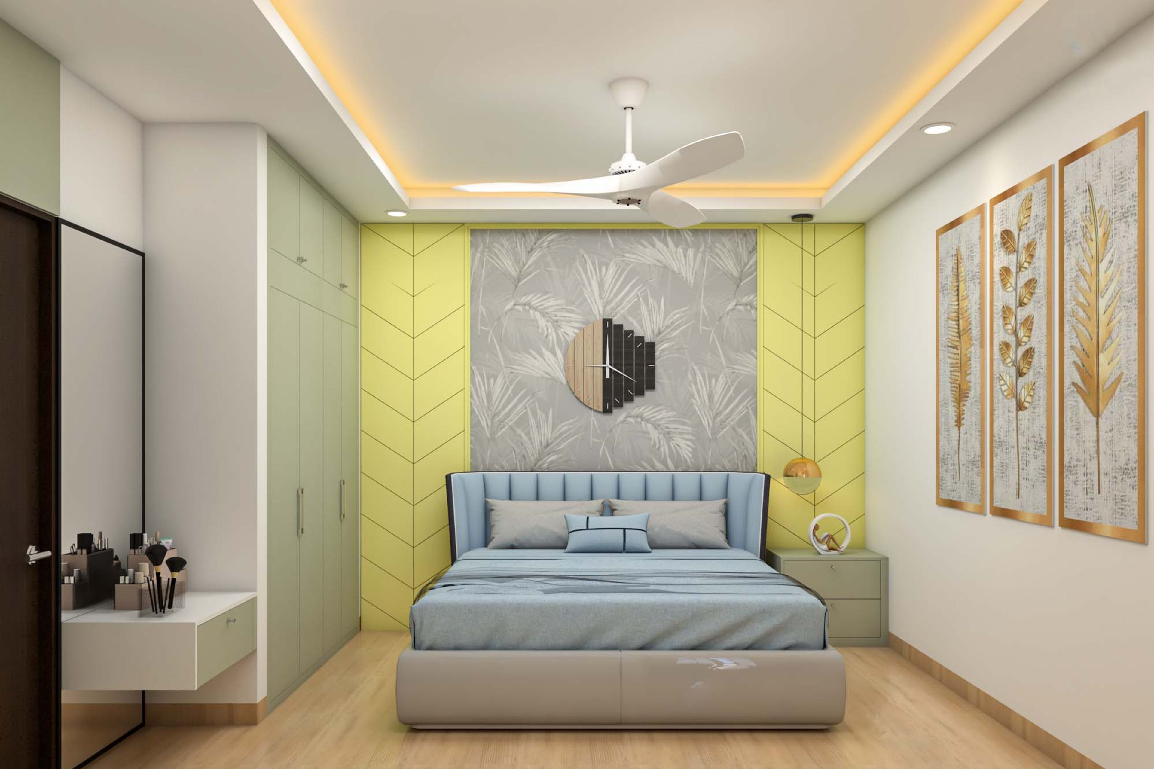 Contemporary Master Bedroom Design In Yellow And Grey