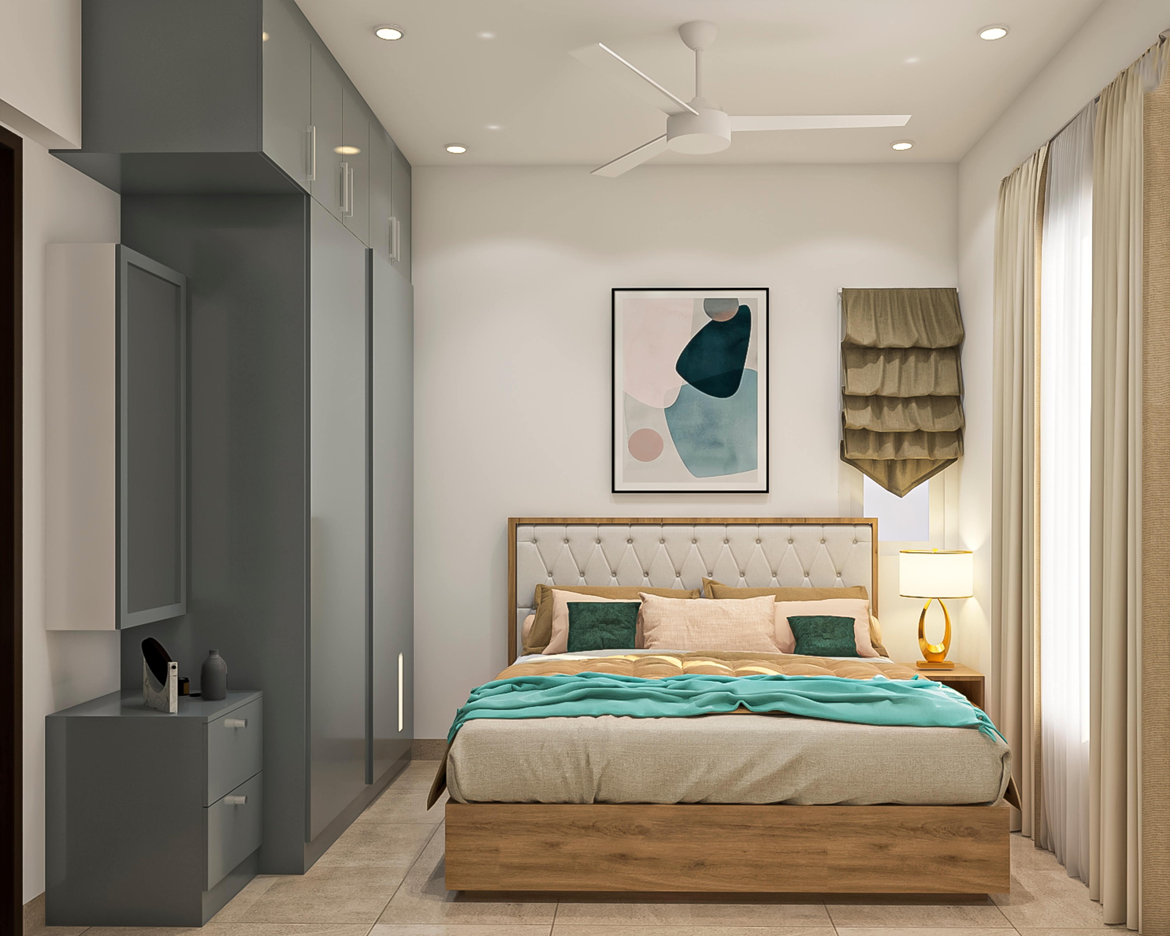 Compact Master Bedroom Design With Grey Wardrobe