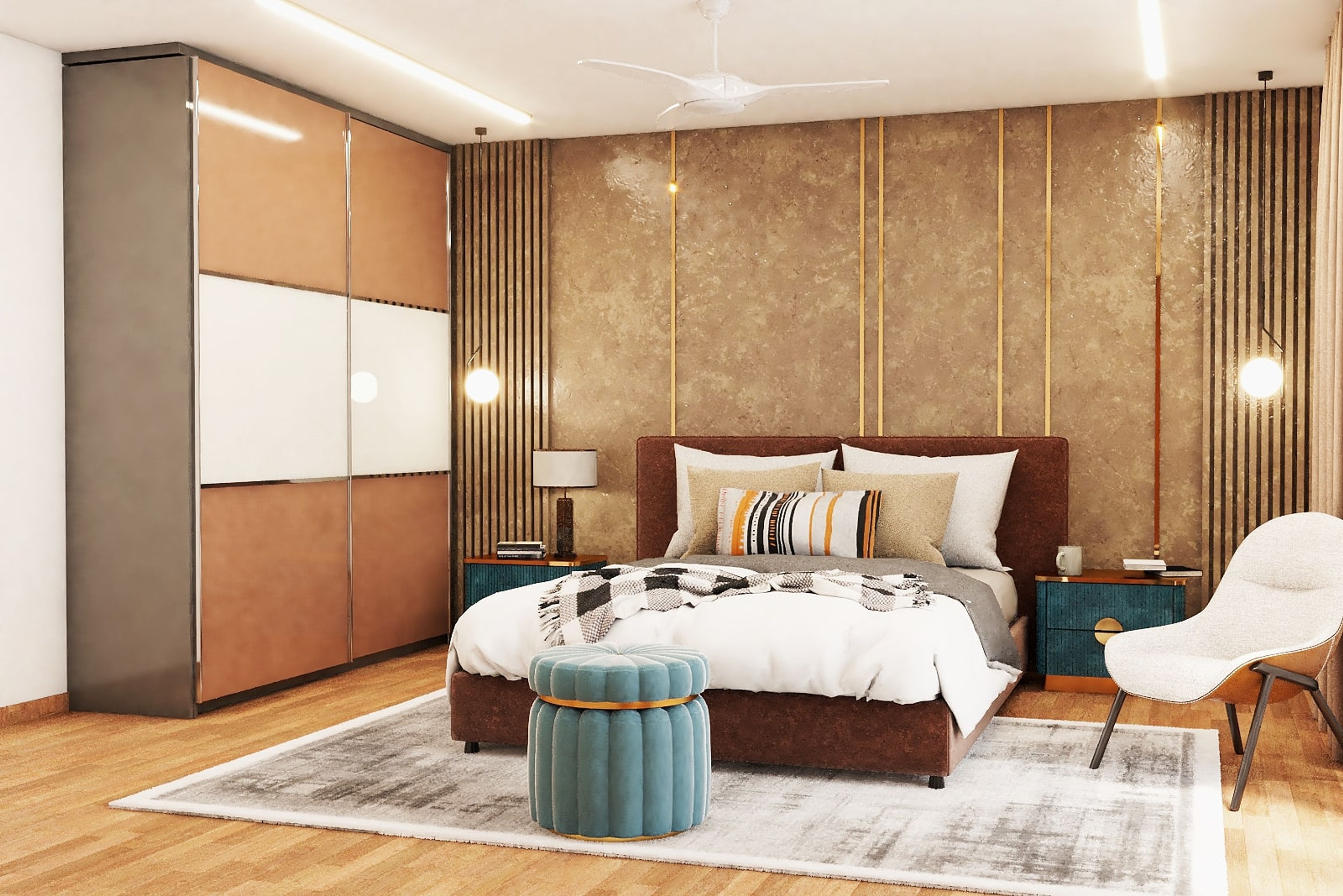 Contemporary Master Bedroom Design With Beige Wall Panel And Wooden Rafters