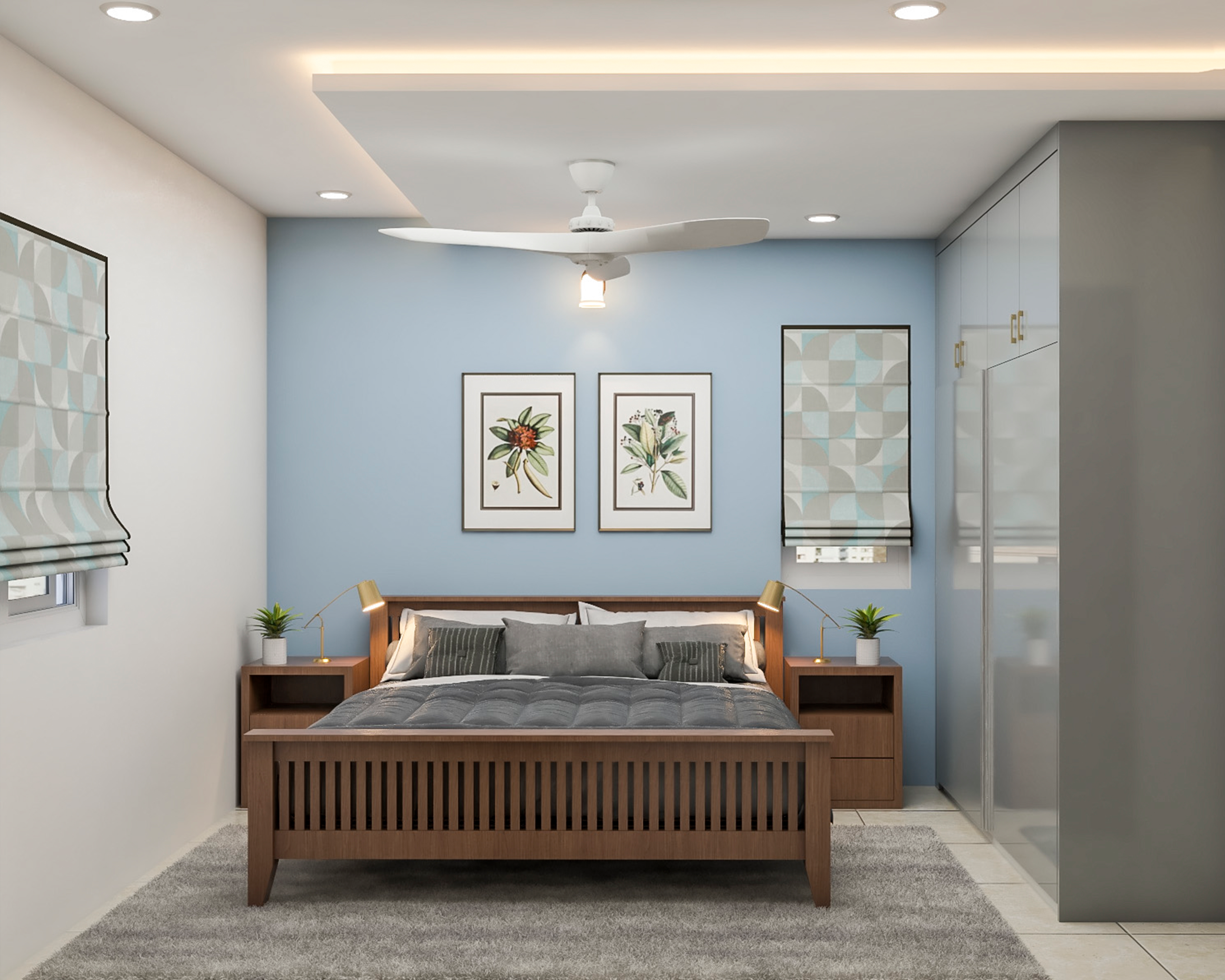Spacious Master Bedroom Design With Blue Accent Wall