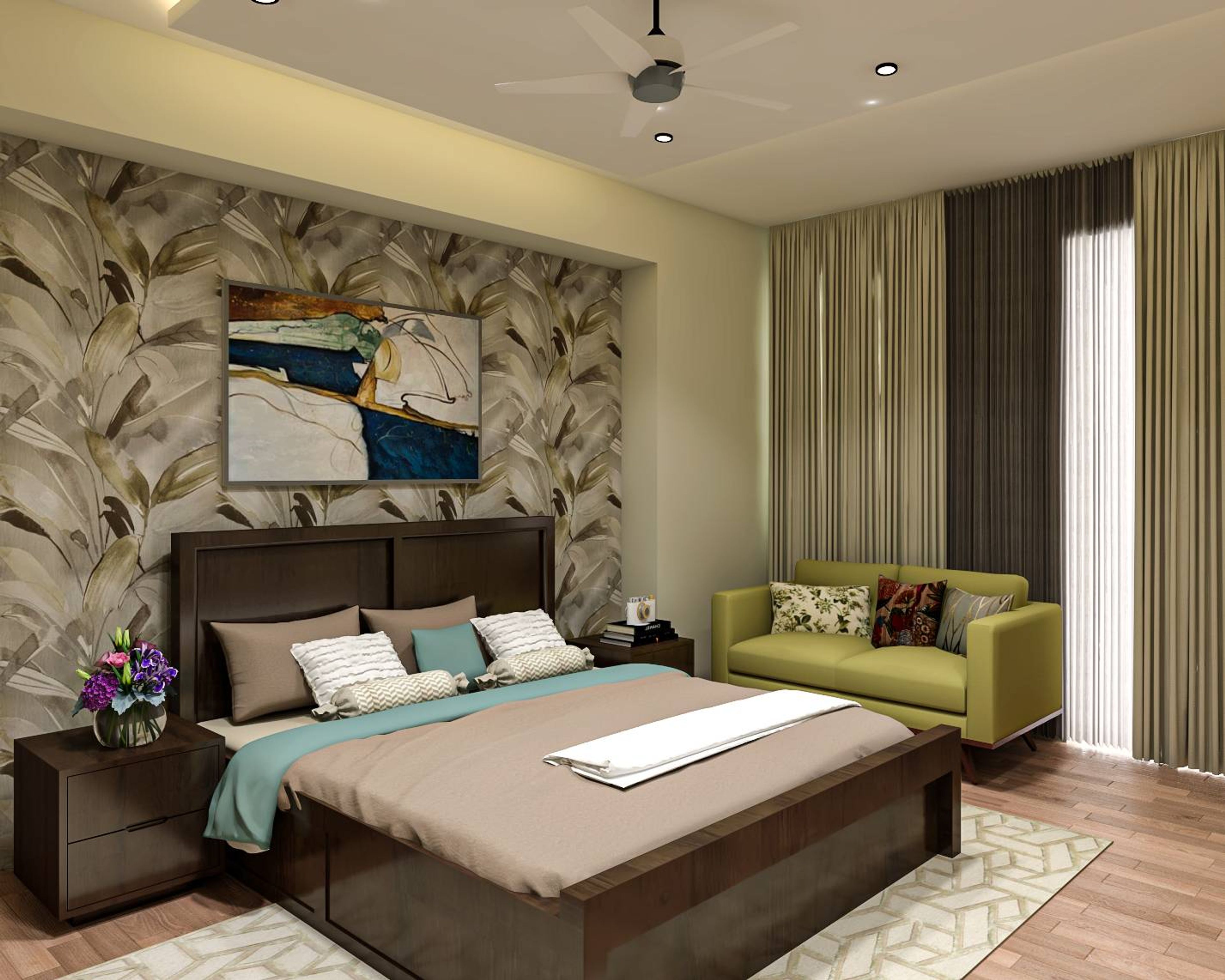Modern Master Bedroom Design With Patterned Wallpaper
