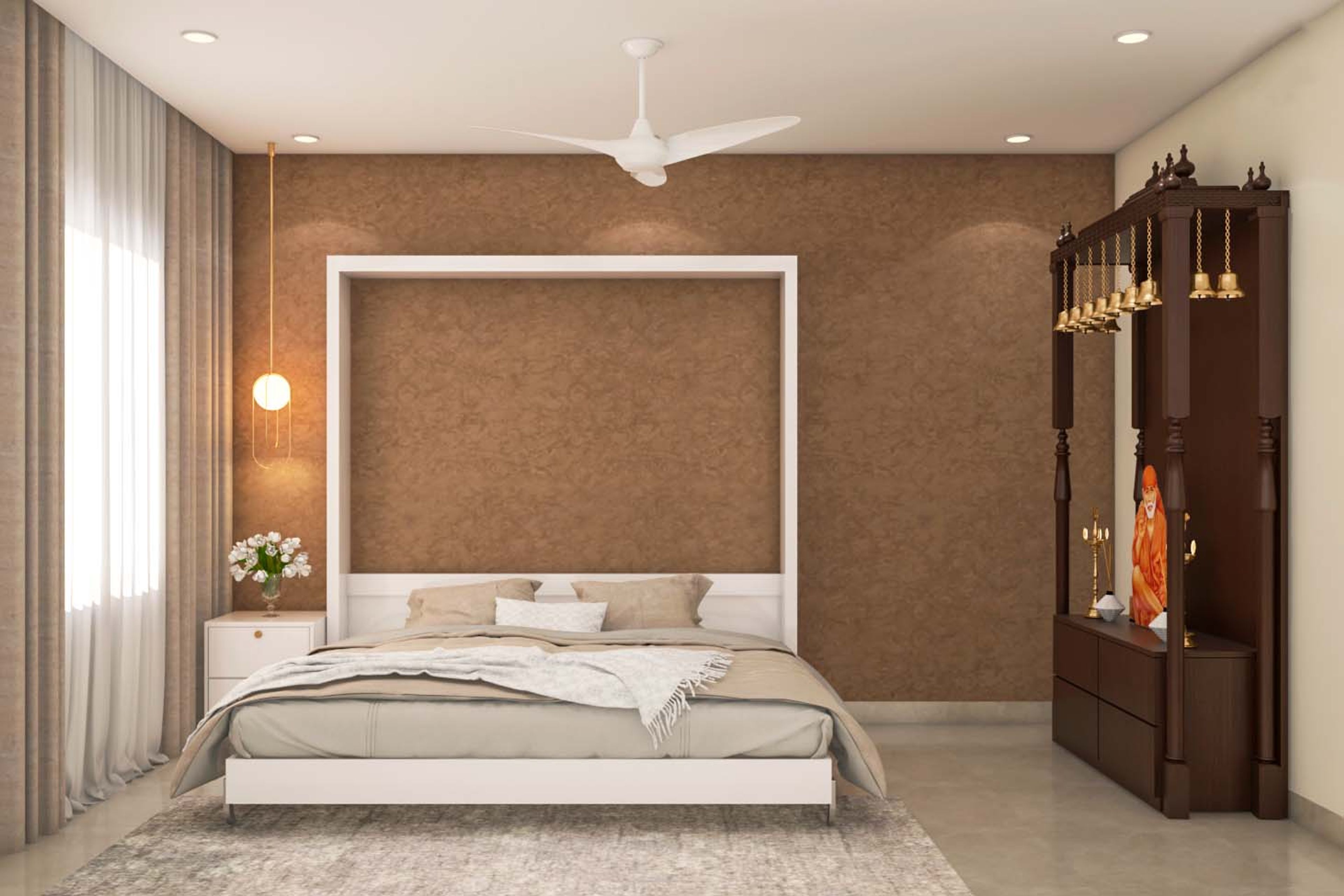 Modern Bedroom Design With Free-Standing Pooja Unit