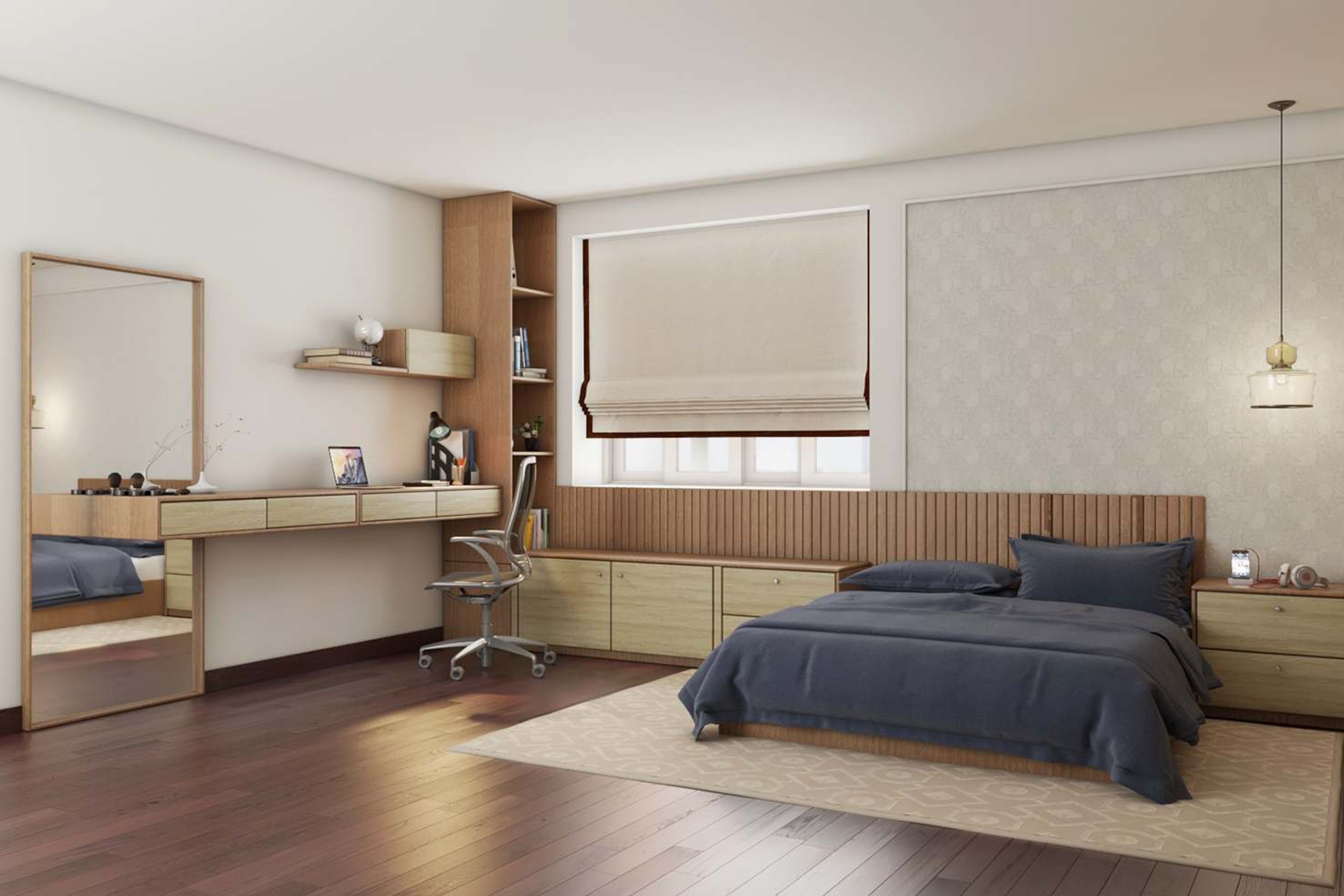 Modern Bedroom Design With Extended Wooden Headboard