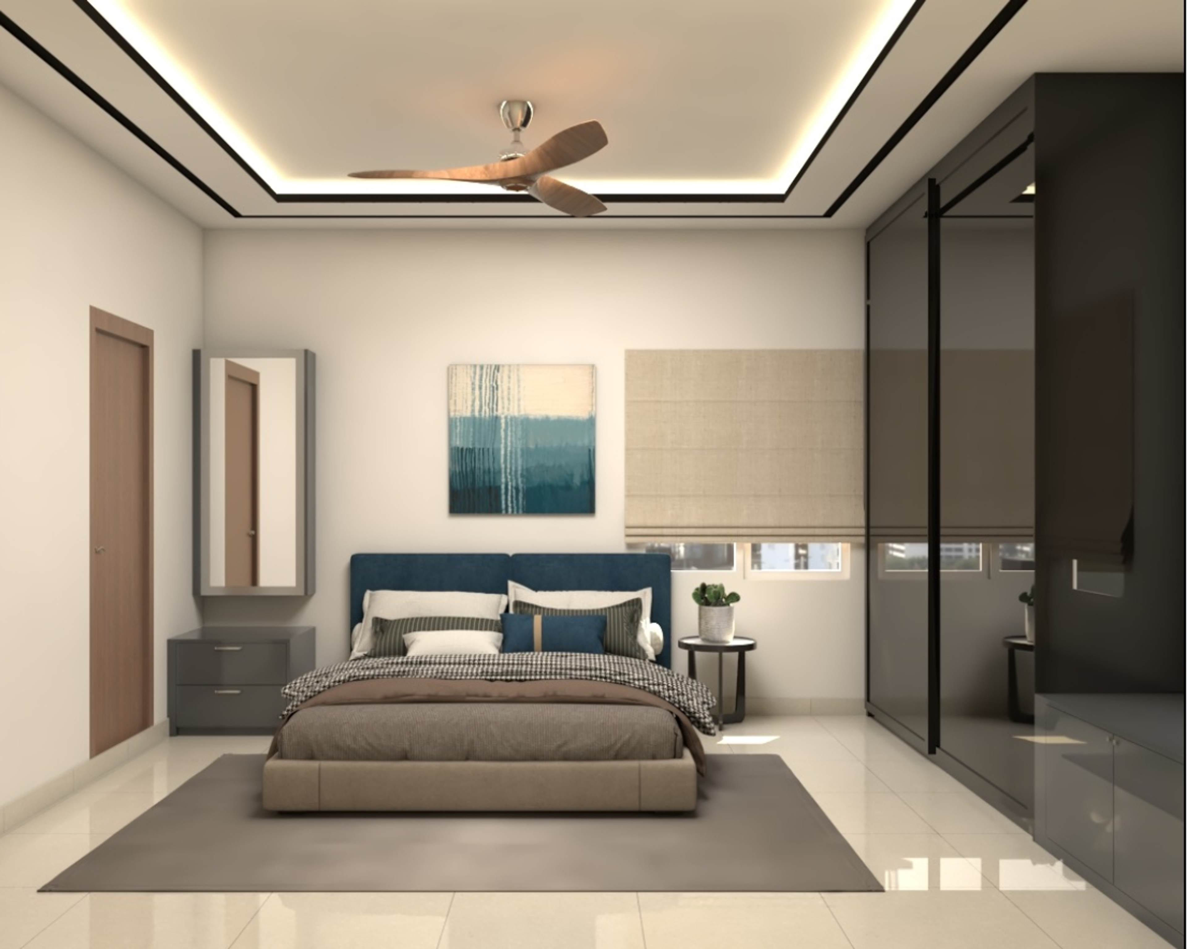 Contemporary Style Spacious Master Bedroom Design With Black Wardrobe