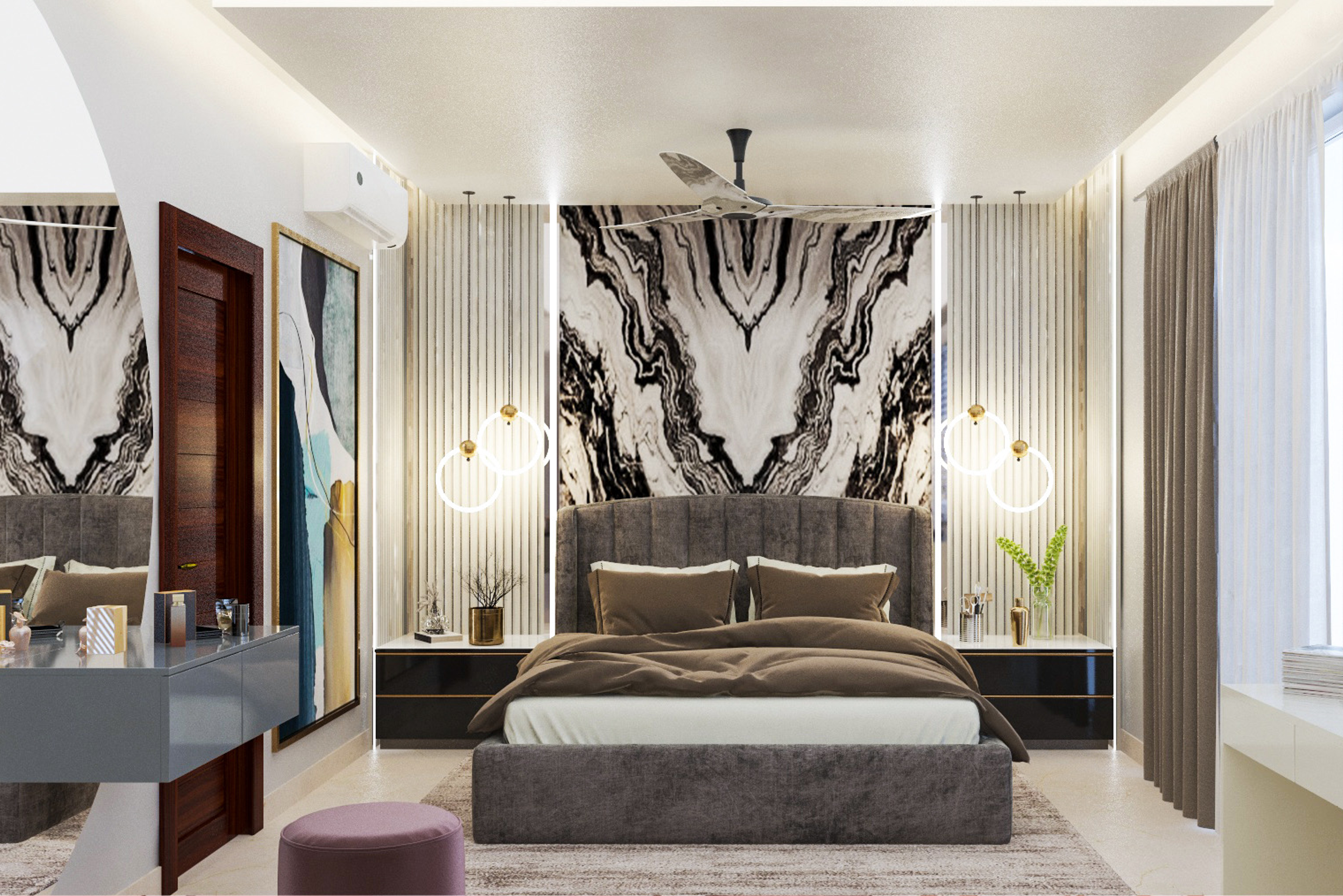 Contemporary Master Bedroom Design With Patterned Accent Wall