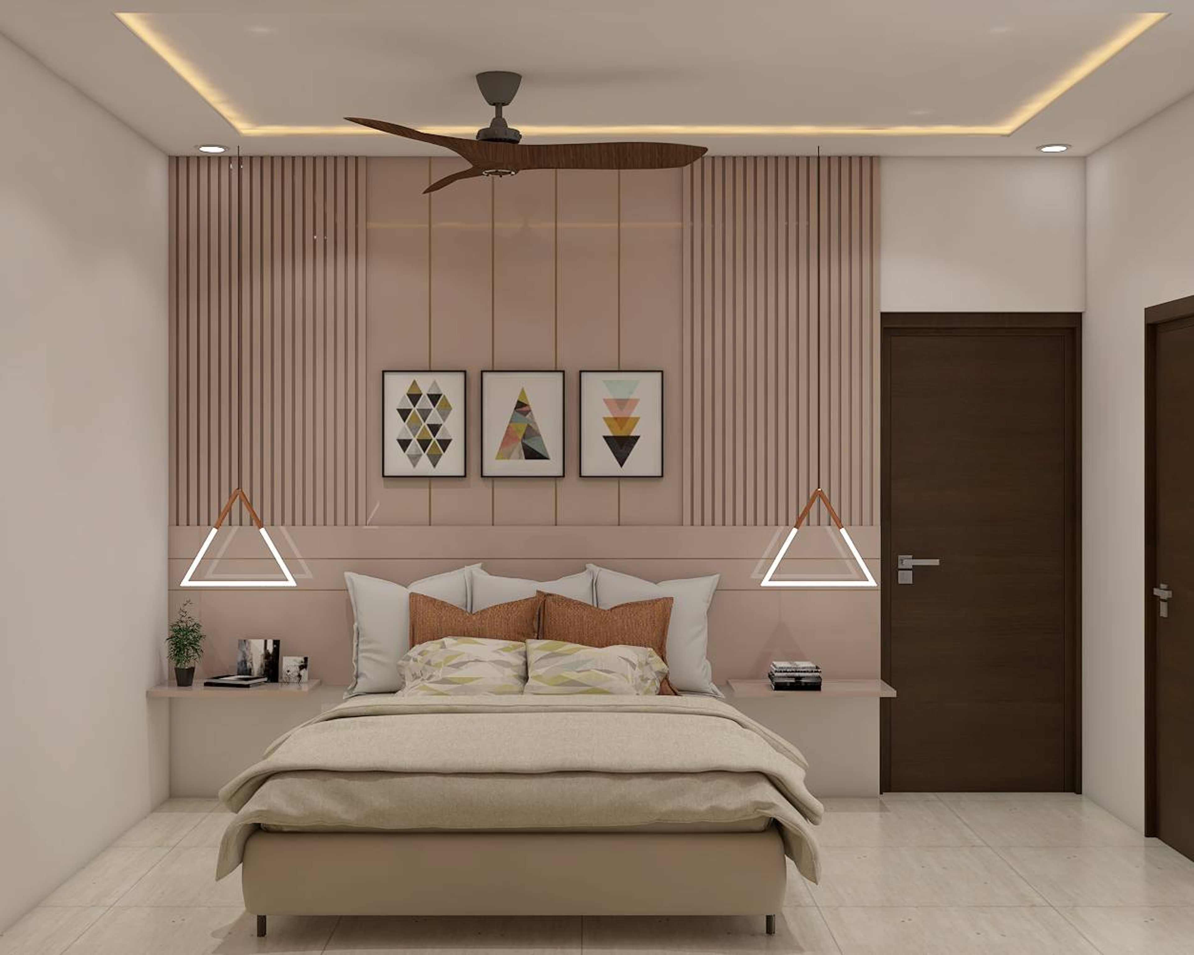 Modern Guest Room Design With Beige Fluted Panelling