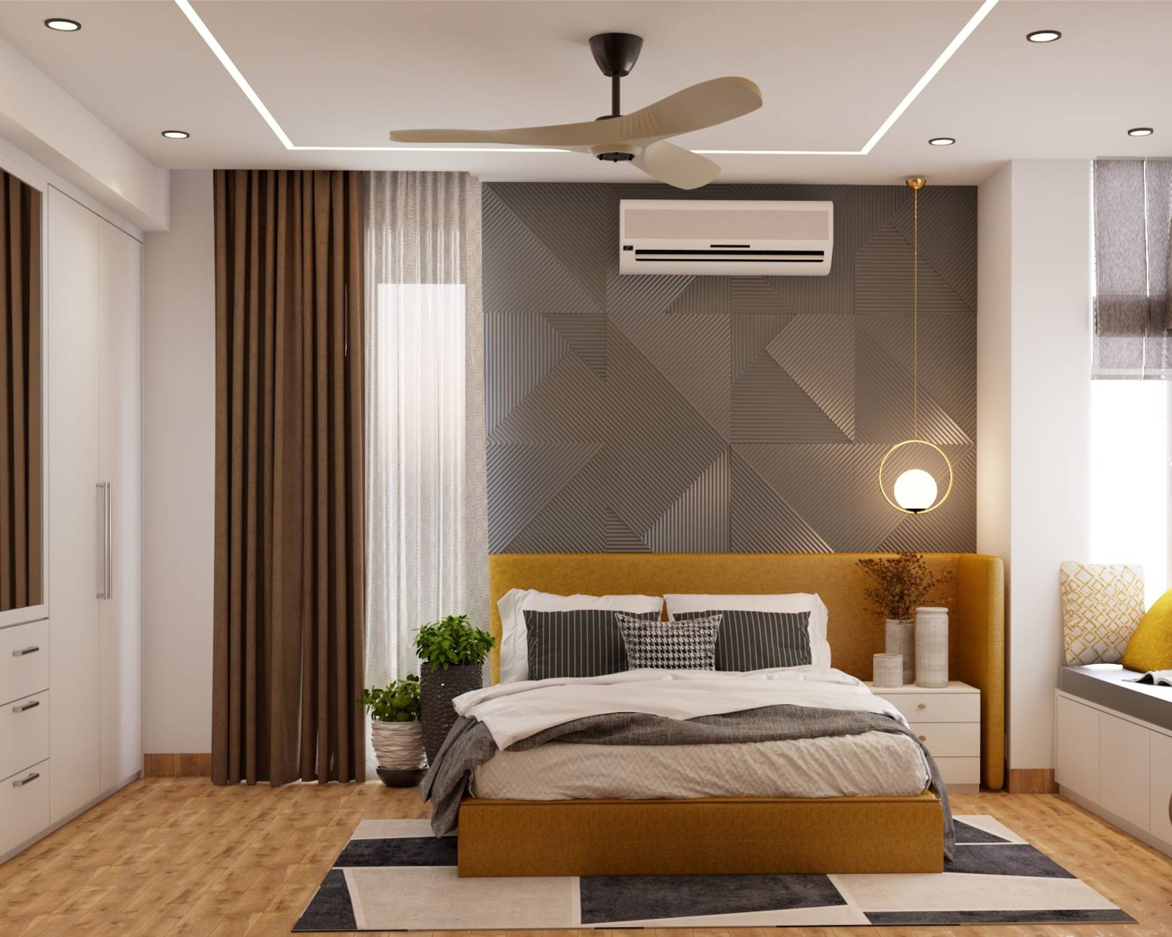 Yellow And Grey Master Bedroom Design With Wardrobe