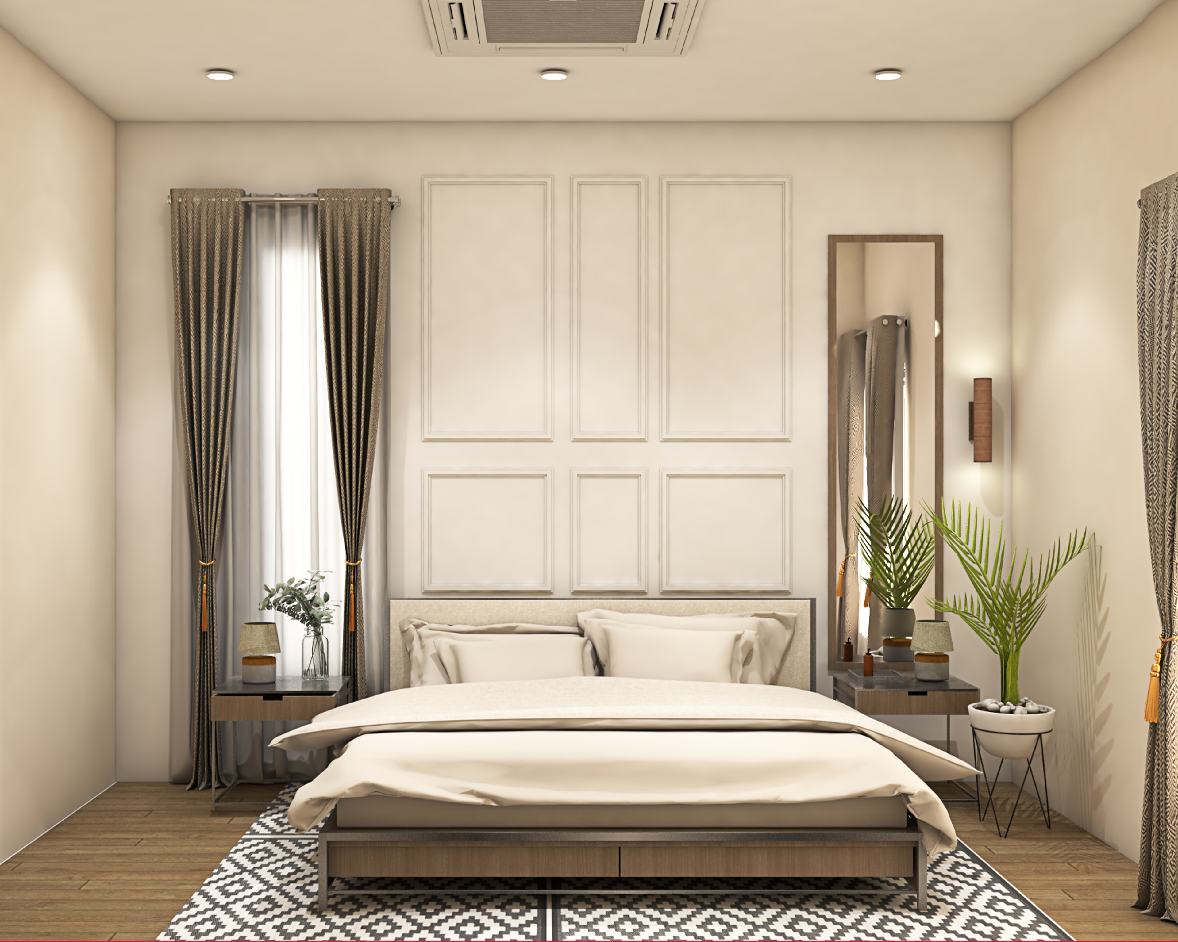 Contemporary Cream White Master Bedroom Design With Wall Trims