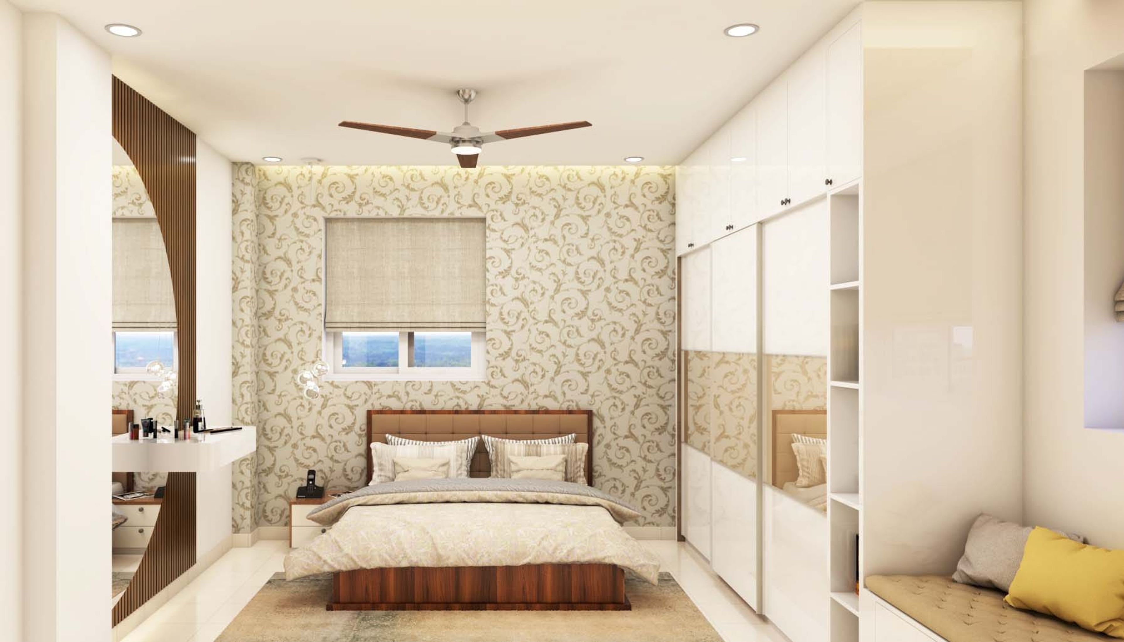 Classic Master Bedroom Design With Beige Wallpaper