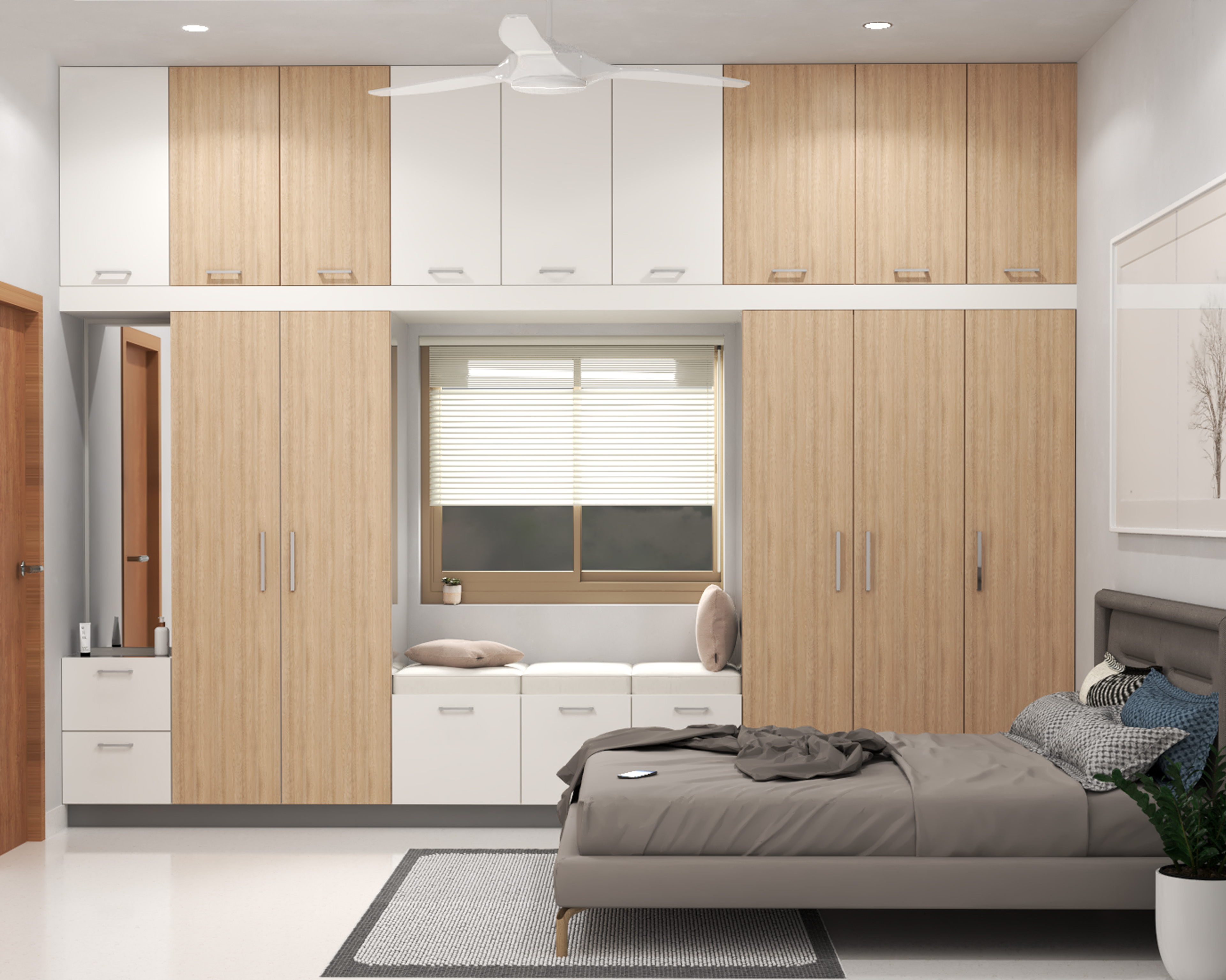 Classic Master Bedroom Design With Spacious Wood And White Wardrobe