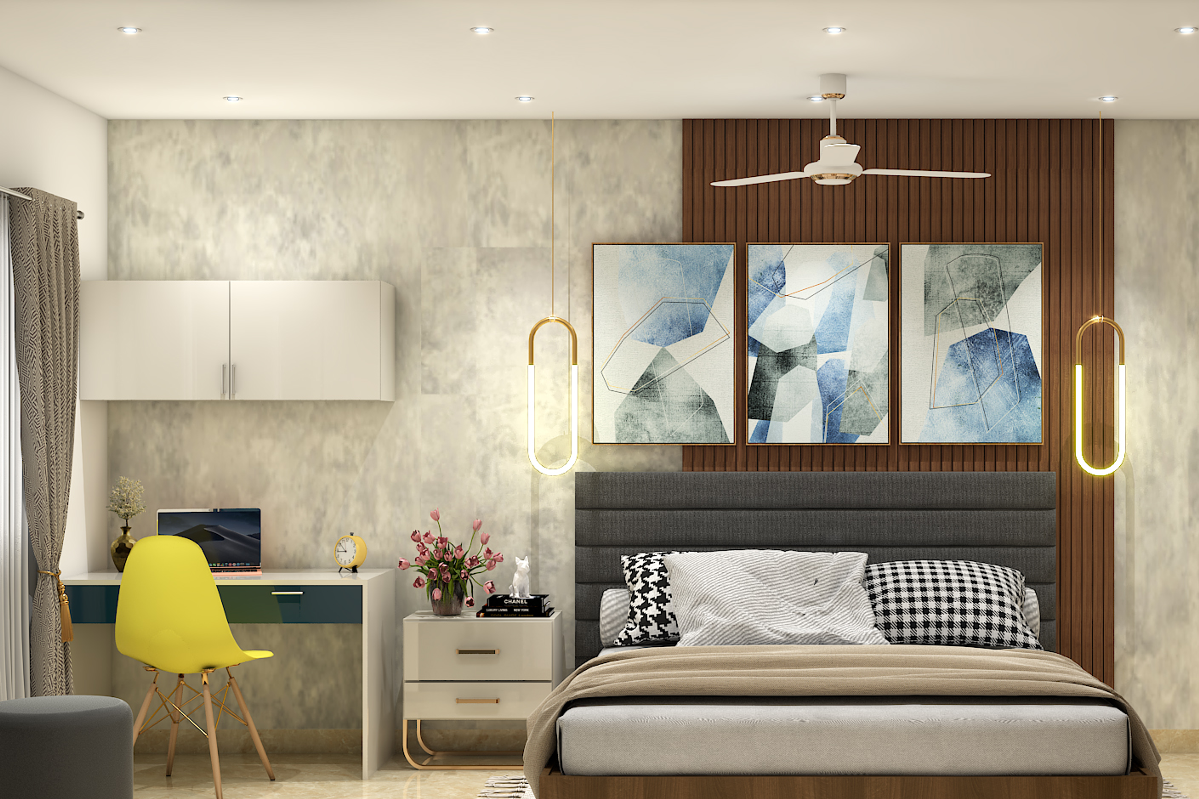 Modern Master Bedroom Design With Dark-Coloured Wooden Panels