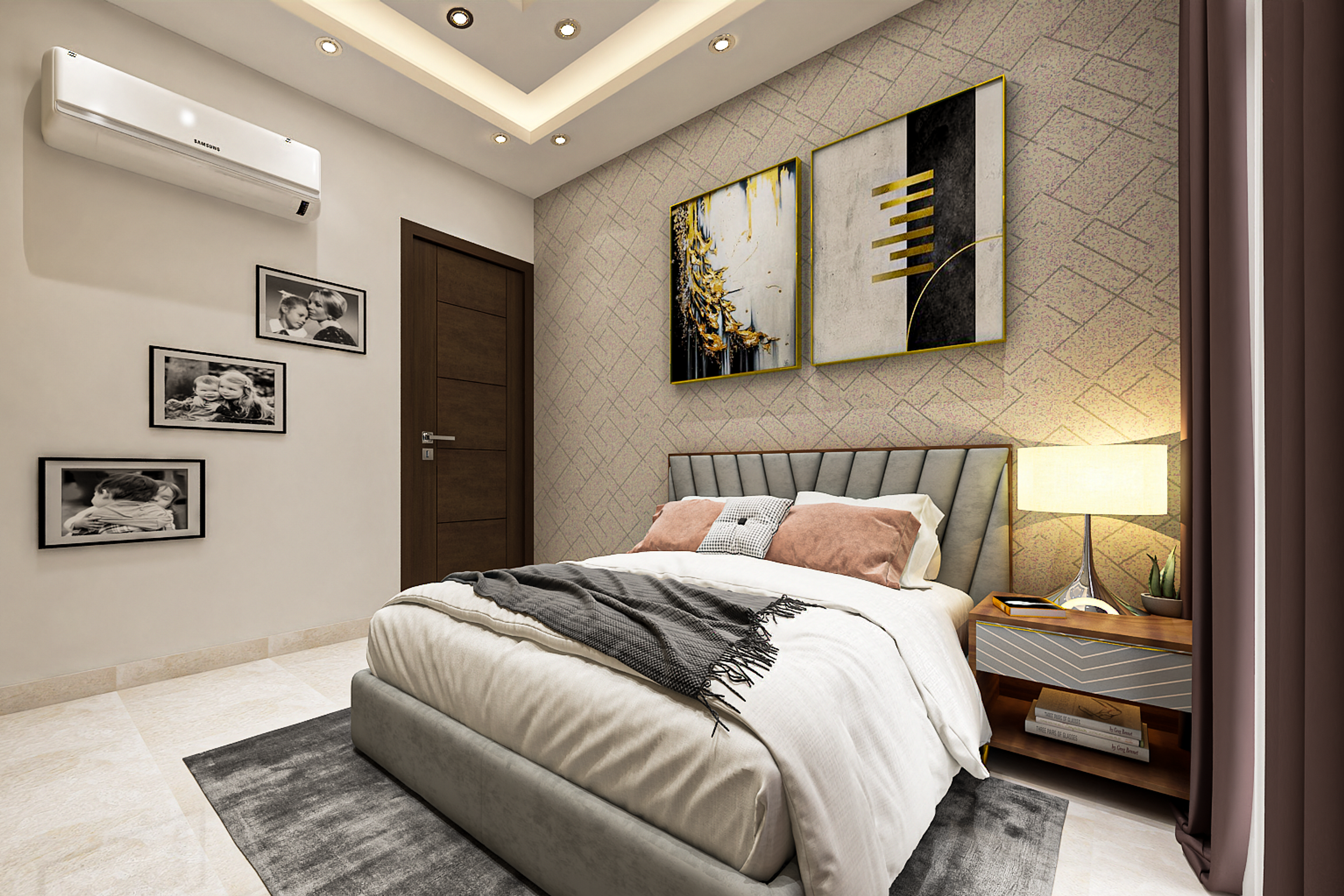 Modern Master Bedroom Design With Glossy Beige Wardrobe