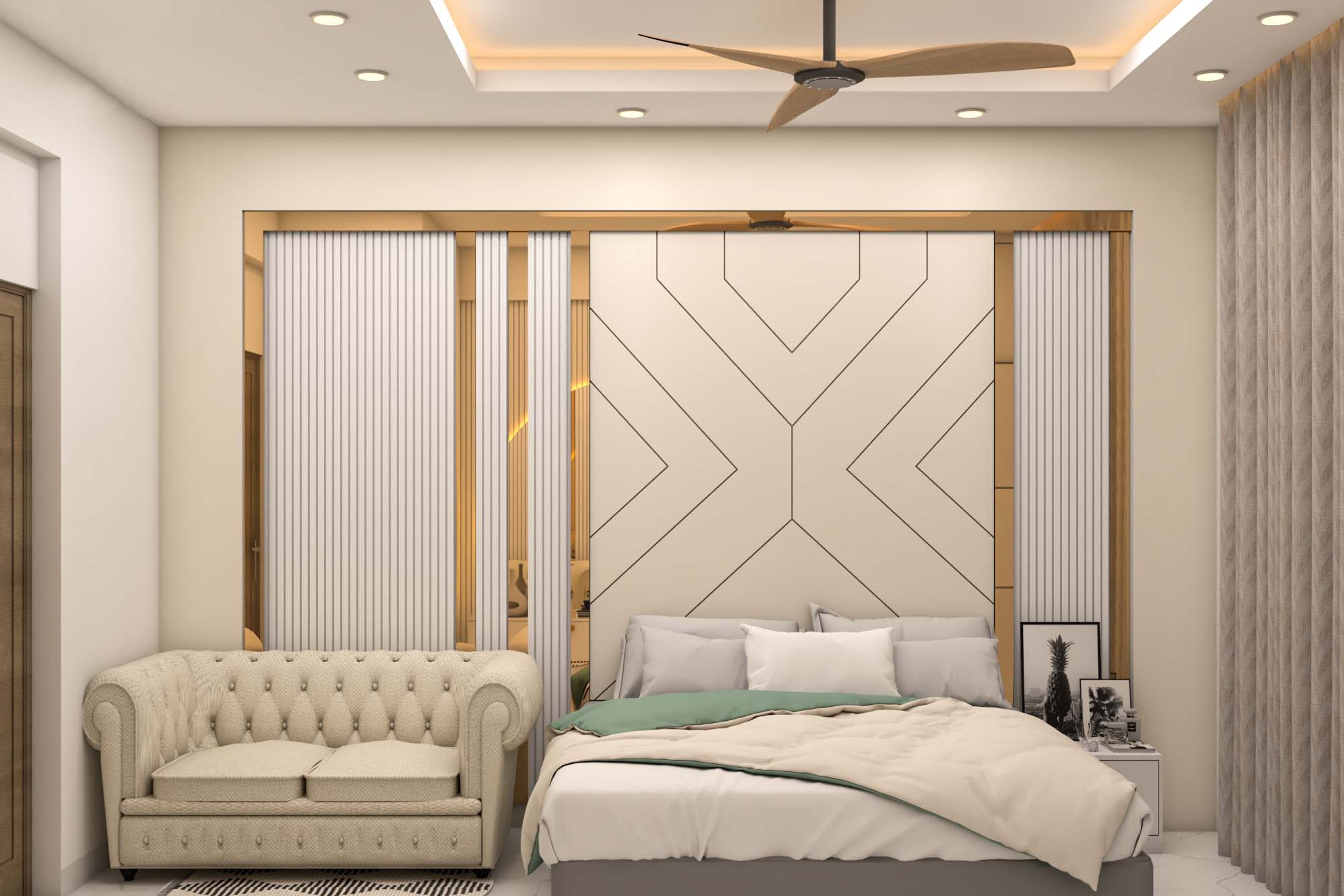 Spacious Contemporary Style Master Bedroom Design With Gold Panelling