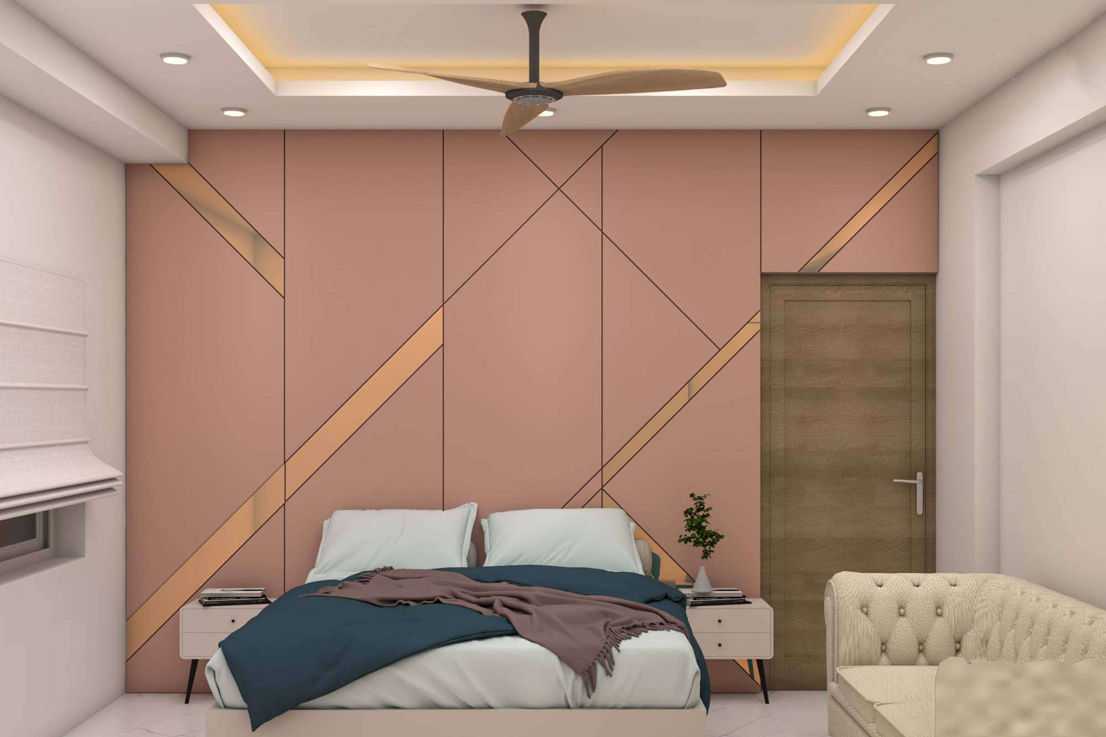 Contemporary Spacious Master Bedroom Design With Pink Accent Wall