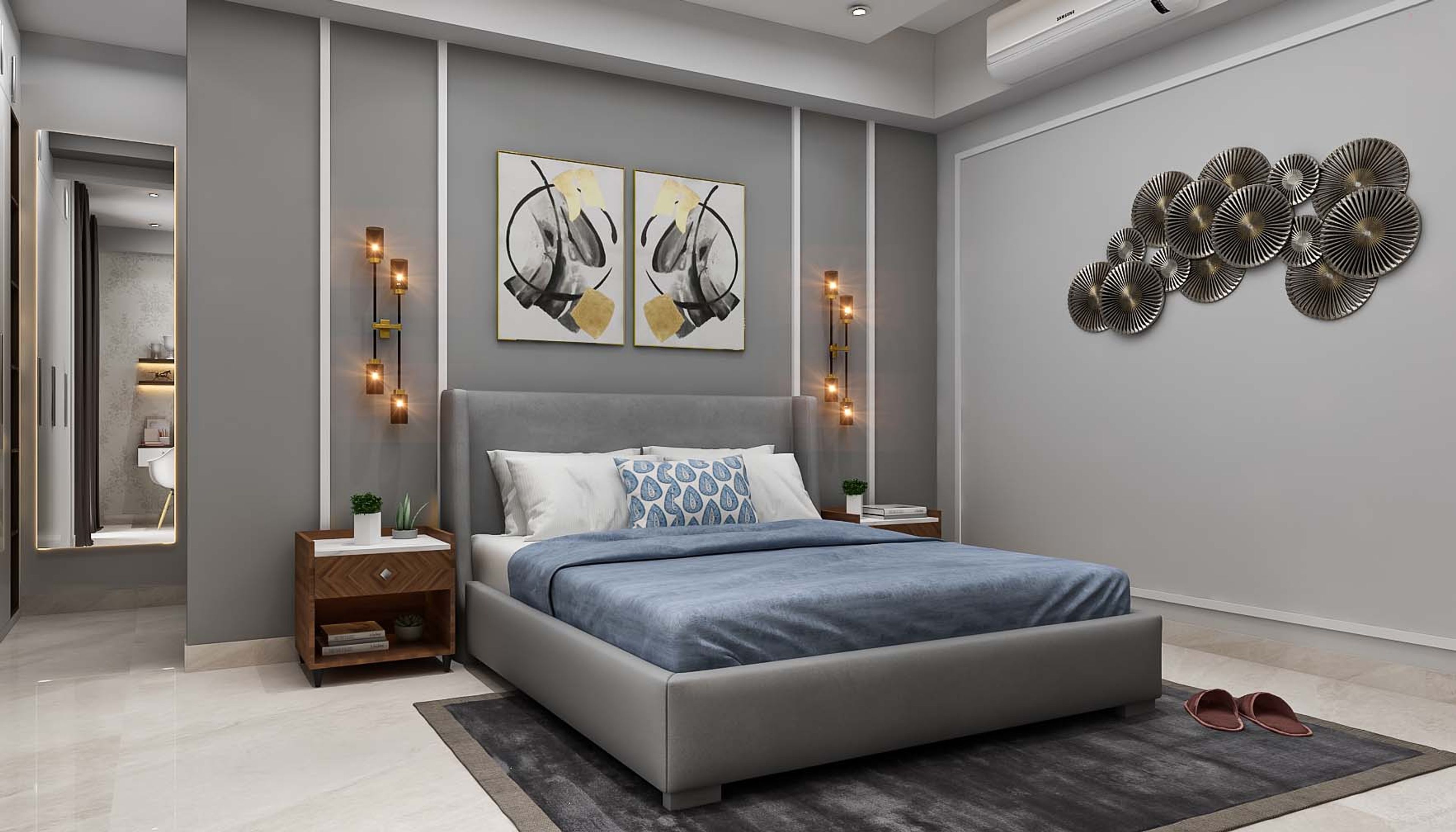 Blue And Grey Modern Master Bedroom Design With Wall Installation