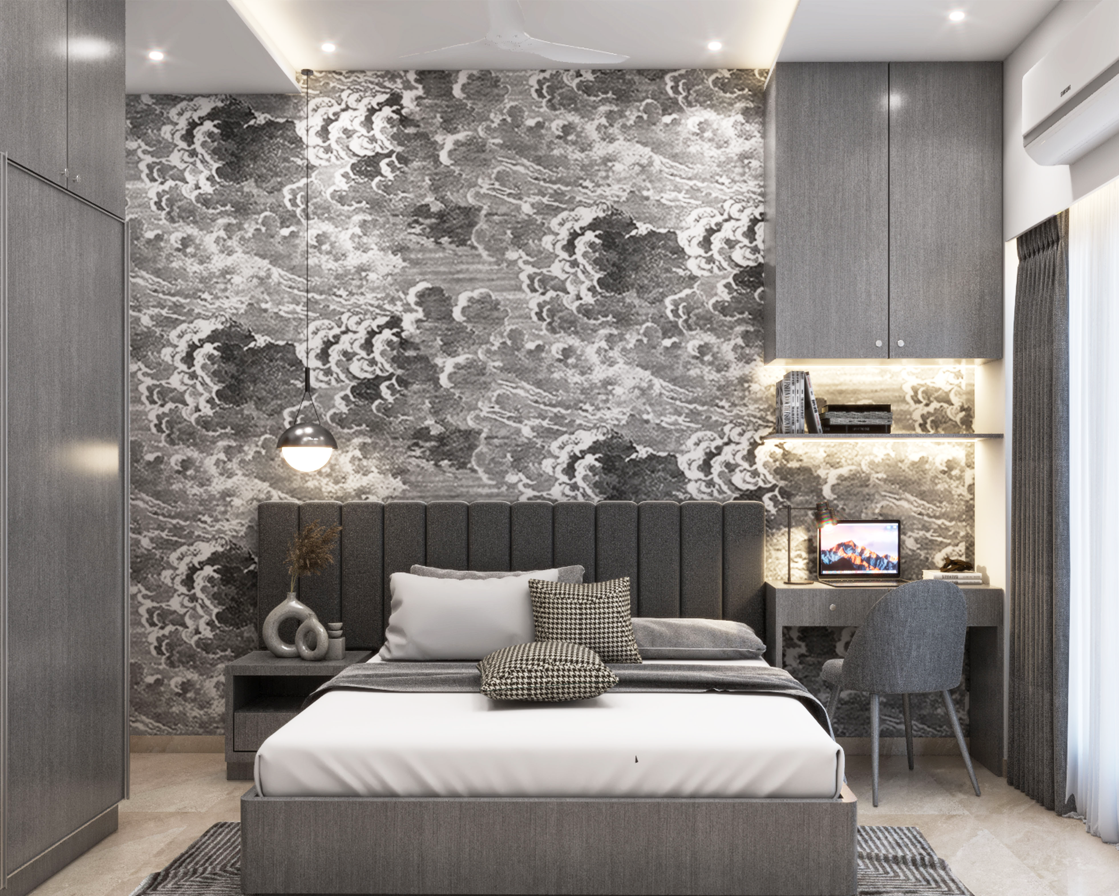 Modern Monochromatic Master Bedroom Design With Patterned Wallpaper