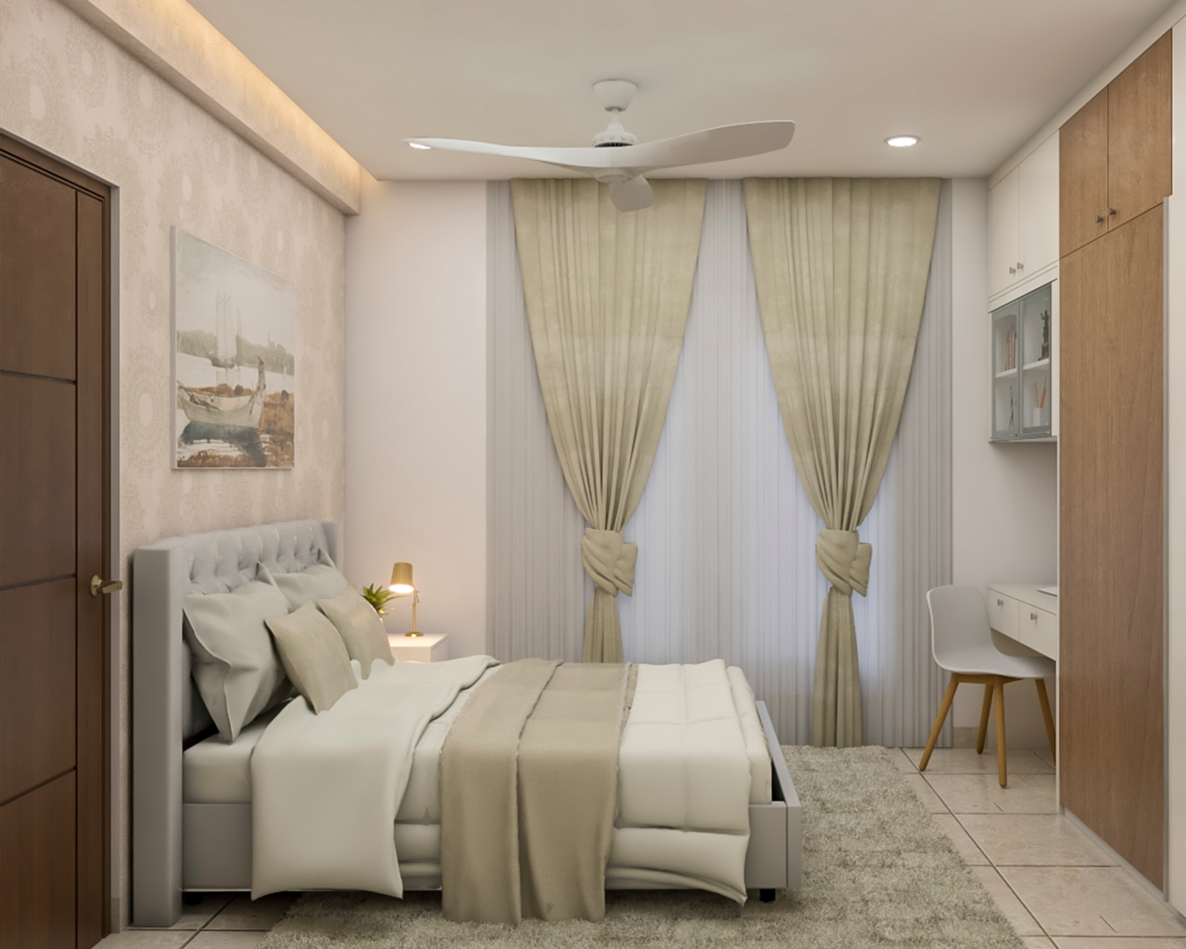 Spacious Beige And Grey Master Bedroom Design With Wardrobe